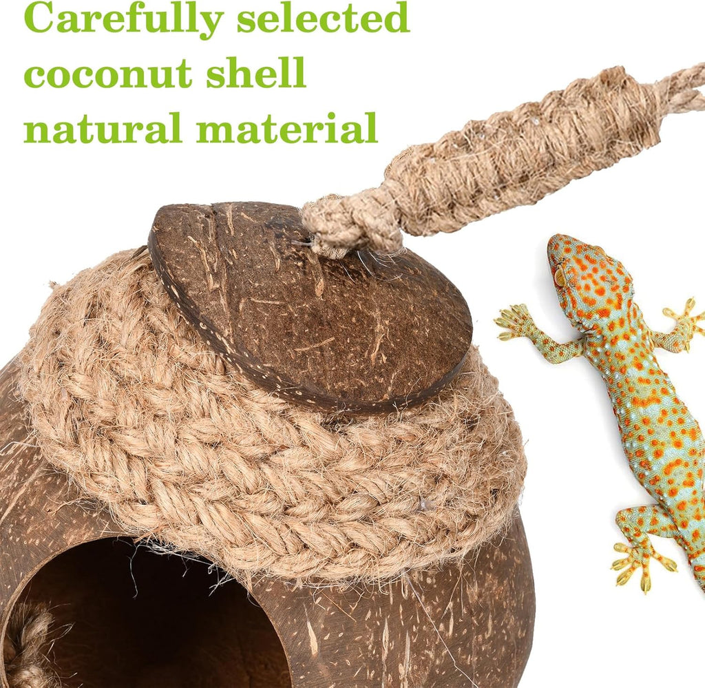 Hamiledyi Lizard Coco Den Reptile Hideouts Gecko Coconut Shell Hut Coconut hut for Geckos Bearded Dragon Tank Accessories Coconut Lizard Hut with Ladder - Natural Coconut Fiber