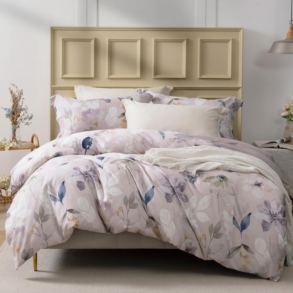MILDLY 100% Long-Staple Cotton Duvet Cover Set Light Gray Pink Floral Leaf Pattern Printed Comforter Cover 3pcs, Ultra Soft & Breathable Bedding Set