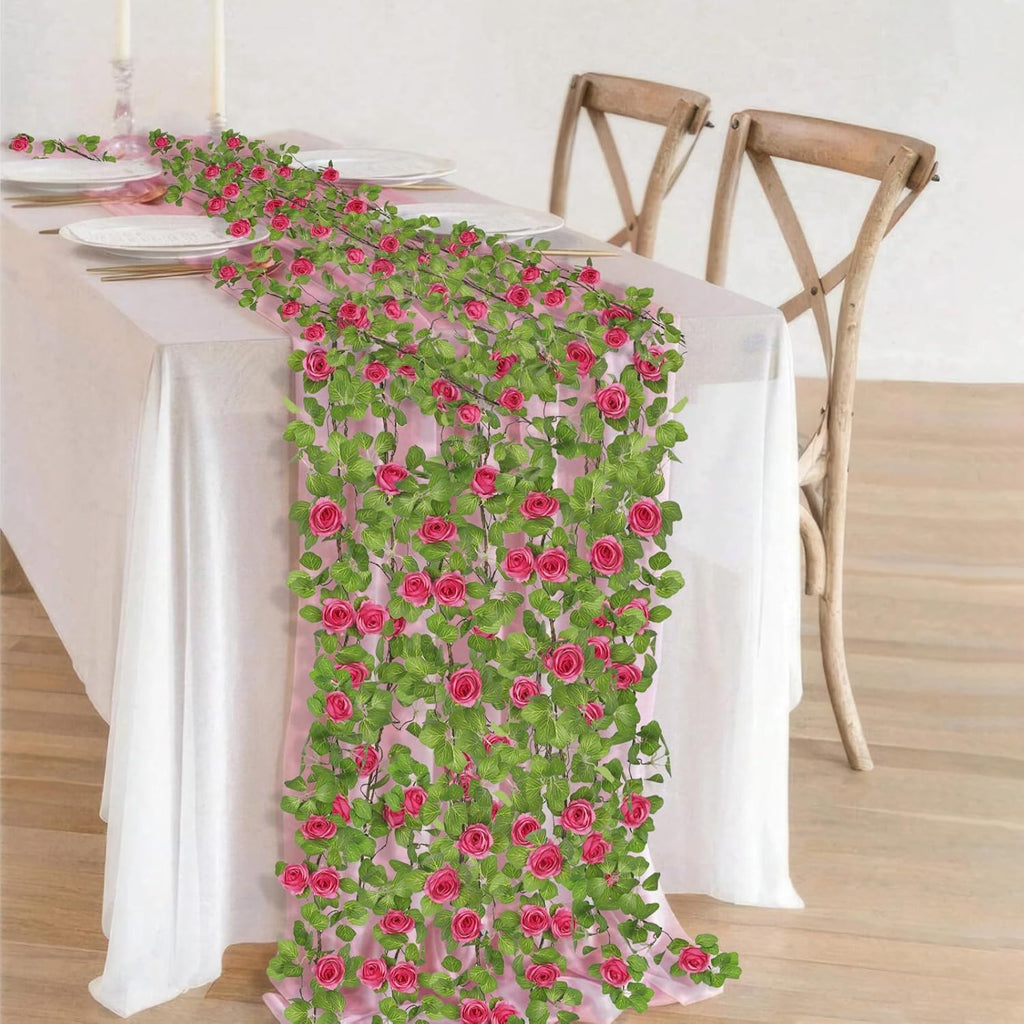 Artificial Roses Vines Flowers Garland Hanging Silk Rose Vine Floral Garland Rose Red UV Resistant Realistic Faux Hanging Flowers Plants Fake Ivy Vines for Outdoor Porch Decor Patio Yard