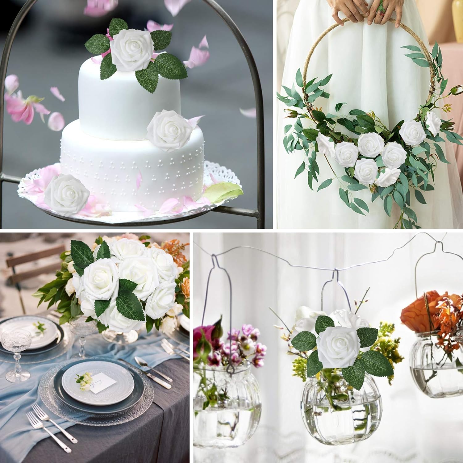 AmyHomie Artificial Flower White Rose 25pcs Real Looking Fake Roses w/Stem for DIY Wedding Bouquets Centerpieces Arrangements Party Baby Shower Valentines Day Christmas Tree Decorations