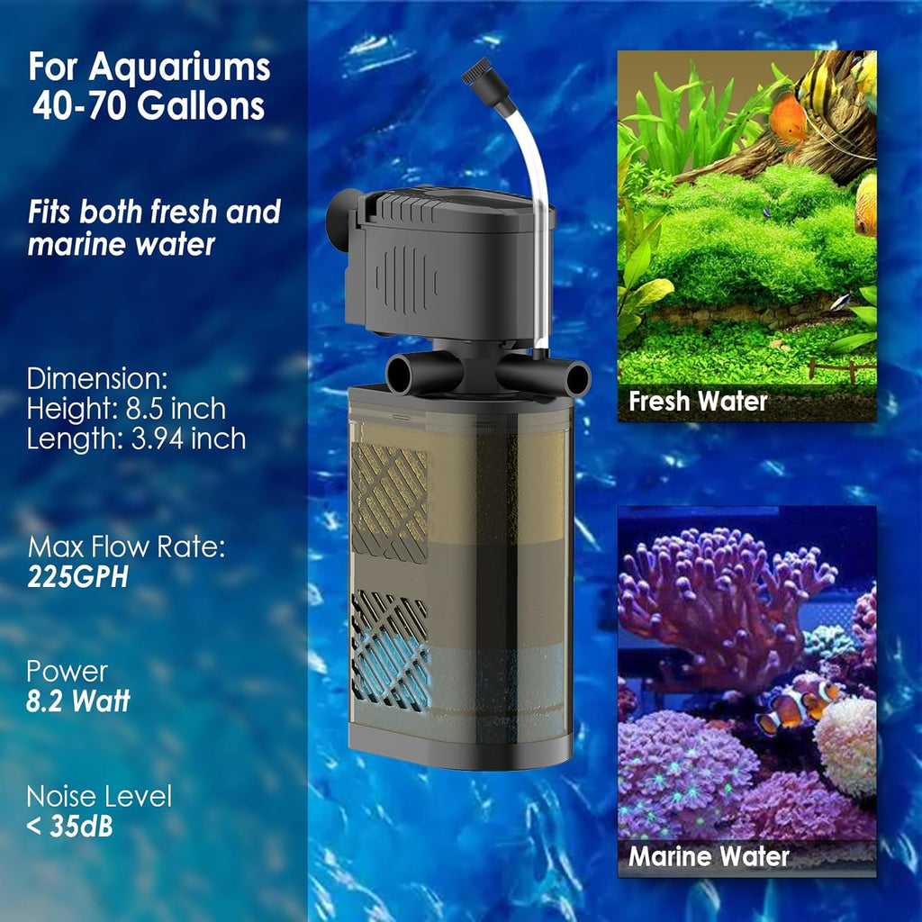 Submersible Aquarium Filter 3-Stage Fish Filter for Fish Tank, Turtle Filter Fish Tank Filter with Aeration & Dual Water Outlet, Turtle Tank Filter Pump for 10-40 GAL Aquariums