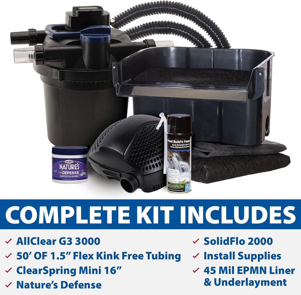 The Pond Guy AllClear Ecosystem Kit – Complete DIY Fishpond with Liner, Pump, UV Filter & Waterfall (1,000-2,000 Gallons) 11' x 11'