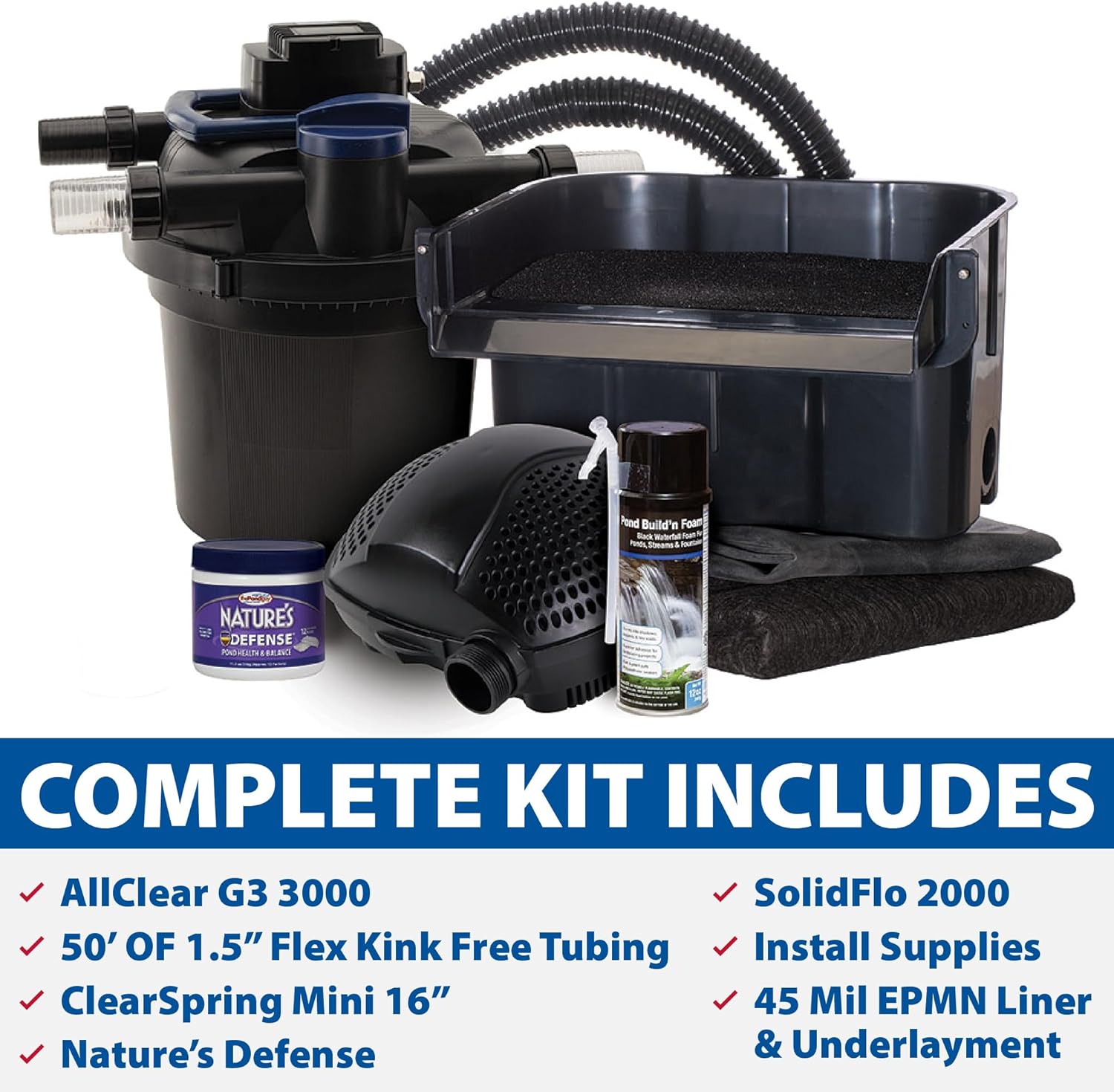The Pond Guy AllClear Ecosystem Kit – Complete DIY Fishpond with Liner, Pump, UV Filter & Waterfall (1,000-2,000 Gallons) 11' x 11'