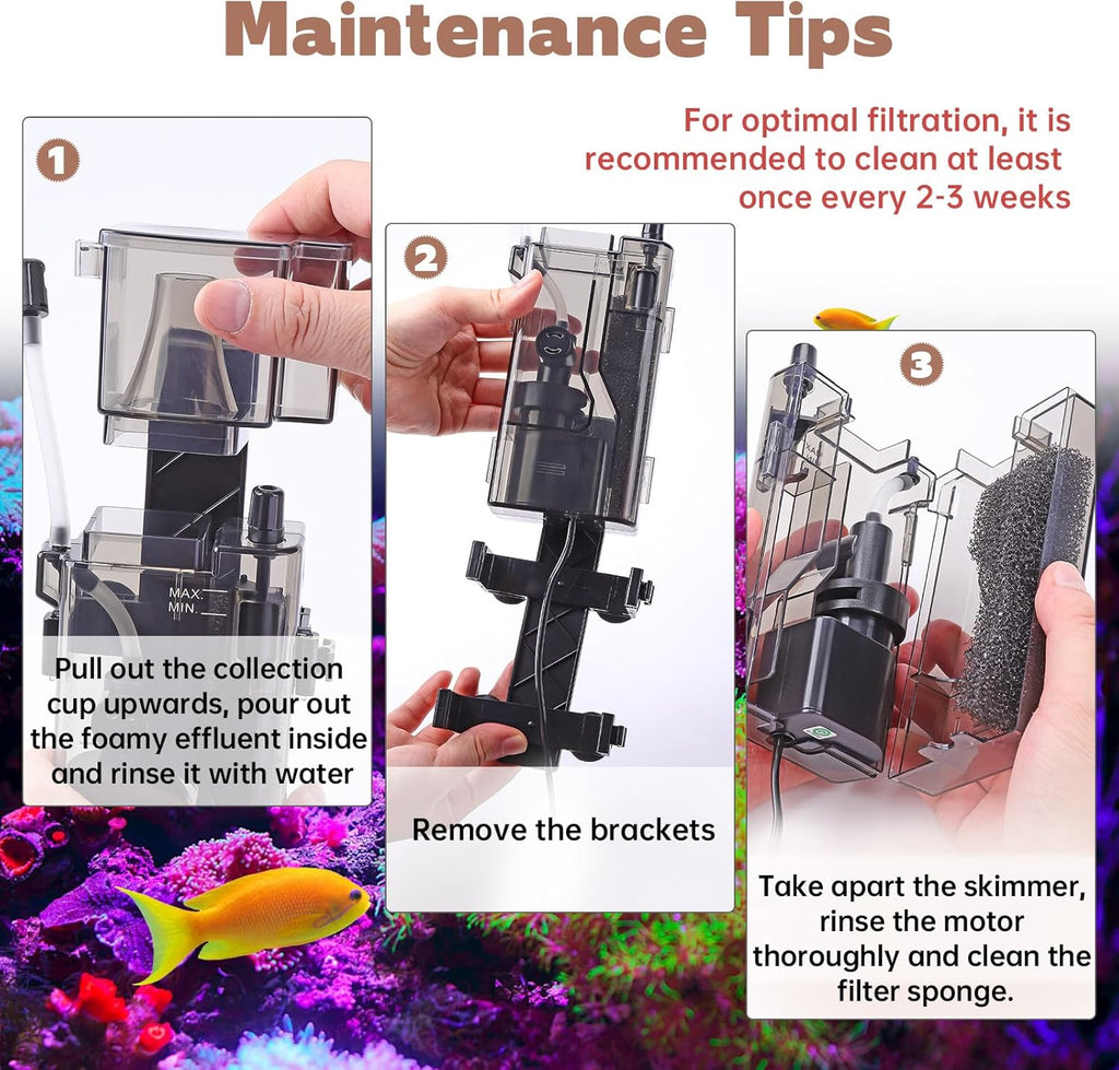 AQQA Aquarium Protein Skimmer for Saltwater Fish Tank Nano Surface Skimmer Filter Pump 79GPH Ultra Quiet for 50-80 Gallon Tank