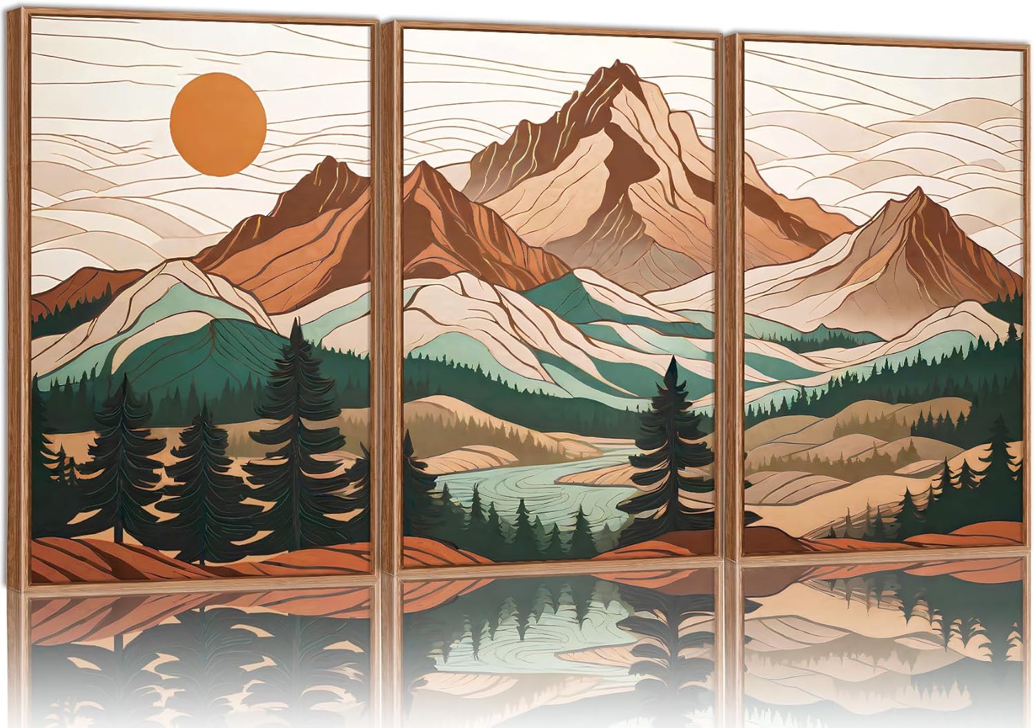 Tinonedraw Mountain Framed Canvas Wall Art Set of 3, Sunrise Forest Woodland Landscape Art Prints, Boho Coloful Ridge Scenery Wall Decor, Wood Pine Wilderness Art Paintings for Living Room Bedroom, Office 16"x24"