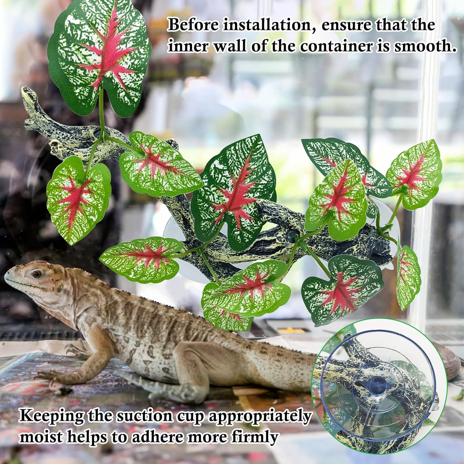 kathson 2 PCS Reptile Corner Branch Resin Snake Climbing Accessories with Leaves Terrarium Plant Decoration with Suction Cup Lizard Plant Ornament for Frog Bearded Dragon Gecko Spider Climbing
