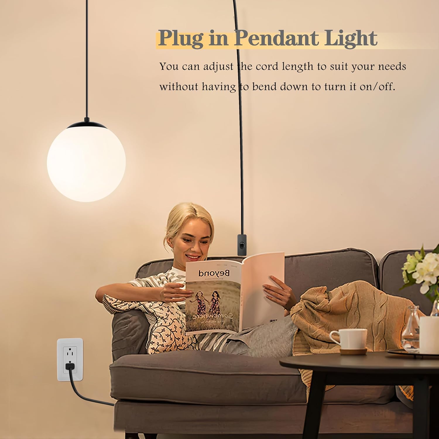 KoKo&Yukina 10" Globe Pendant Light Black Plug in Pendant Light Adjustable Hanging Lights with Plug in Cord Matte Black Finished with Milk Glass Lampshade for Bedroom Kitchen Island（Bulb Included）