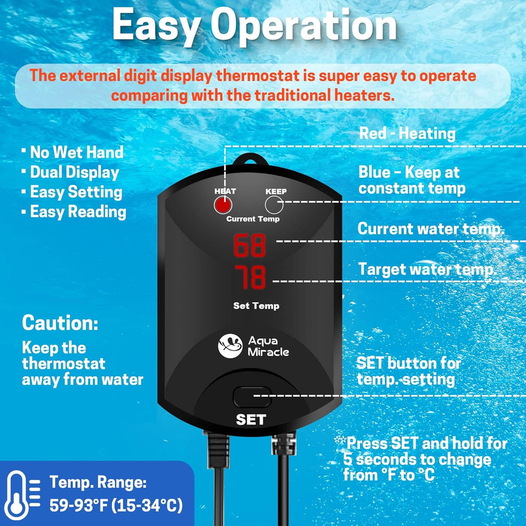 AquaMiracle Upgraded 300W Aquarium Heater Fish Tank Heater Turtle Heater Super Compact Aquarium Heater, Dry-Run/Overheating Protection and Memory Function, Dual LED Display, for 40-60 Gal Tanks