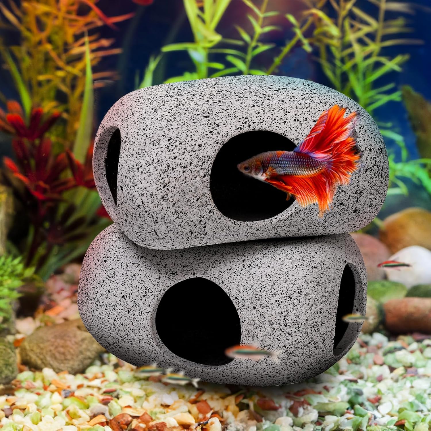 6 Pack Aquarium Decoration Rock Caves, Betta Fish Tank Hideaway, Hideout Stones House Decor for Cichlid Shrimp Territorial Fish Hiding Breeding Spawning, Fish Tank Ornaments