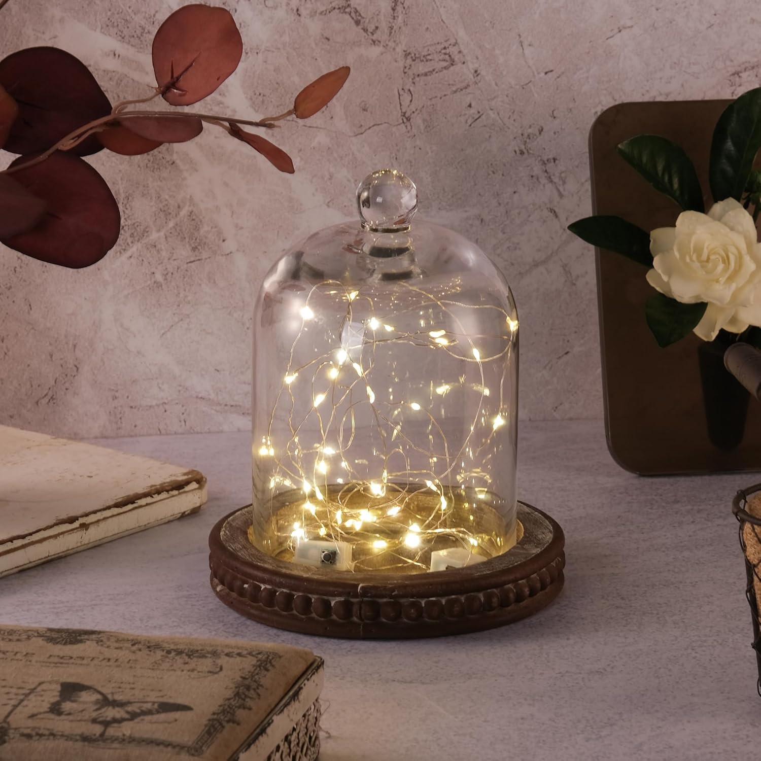 8" High Large Handmade Sturdy Glass Cloche with Rustic Brown Beaded Wooden Base in Farmhouse & Cottage Style, for Terrarium, Trinkets, Cakes, Figurines (Brown, 5"x7.5")