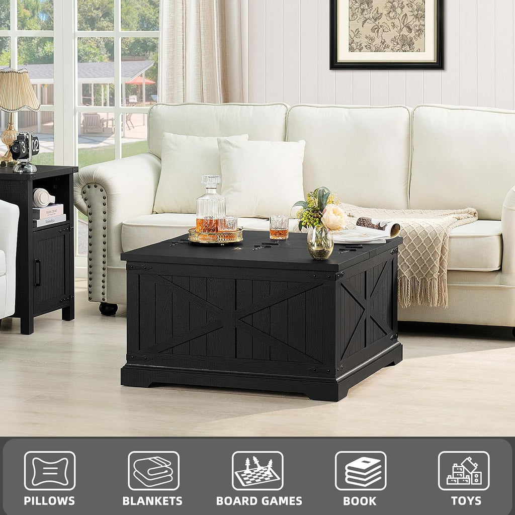 Farmhouse Coffee Table with Large Hidden Storage Compartment, Rustic Black Square Center Table, Wood Low Farm House Modern Living Room Tables with Hinged Lift Top & Wooden Arc Base