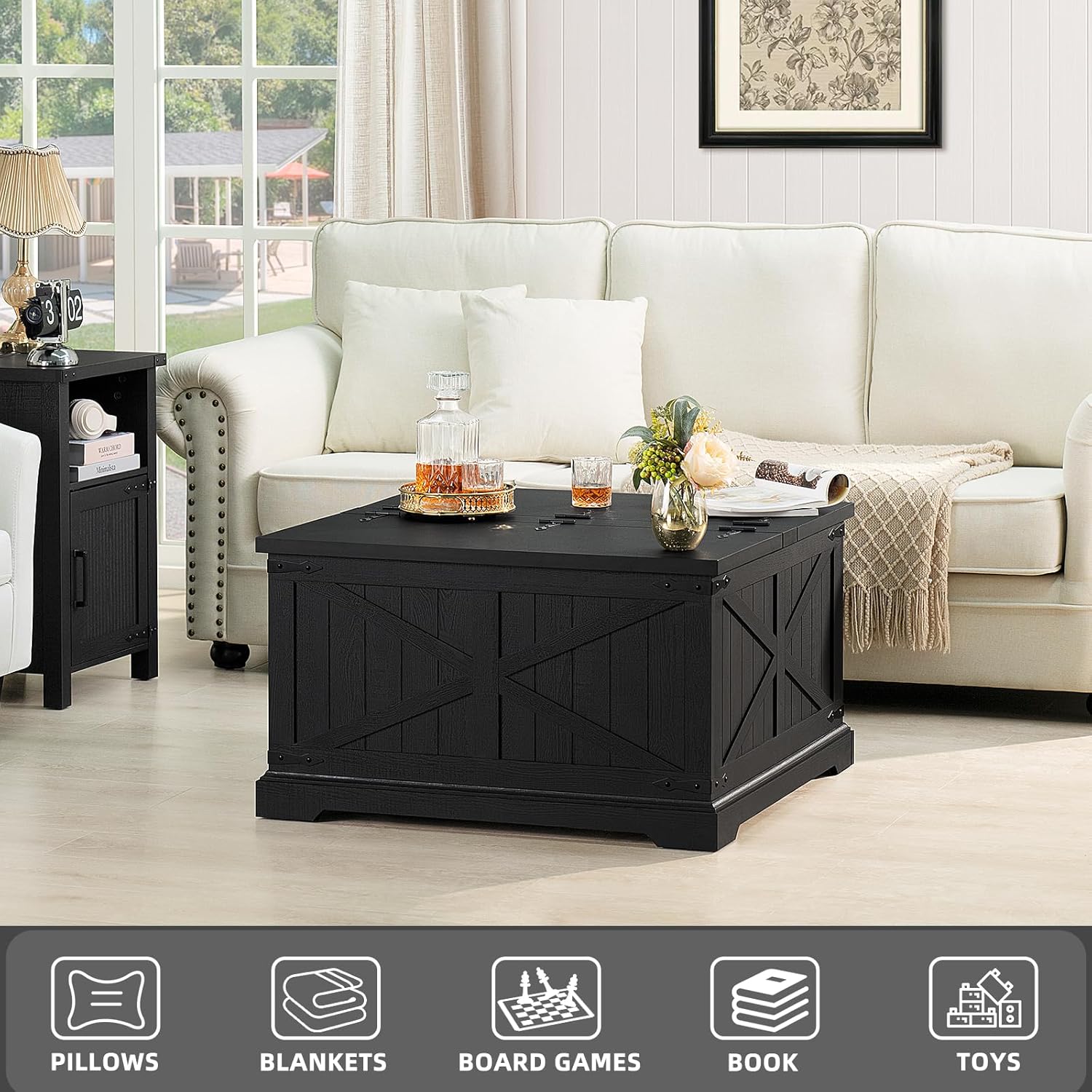 Farmhouse Coffee Table with Large Hidden Storage Compartment, Rustic Black Square Center Table, Wood Low Farm House Modern Living Room Tables with Hinged Lift Top & Wooden Arc Base