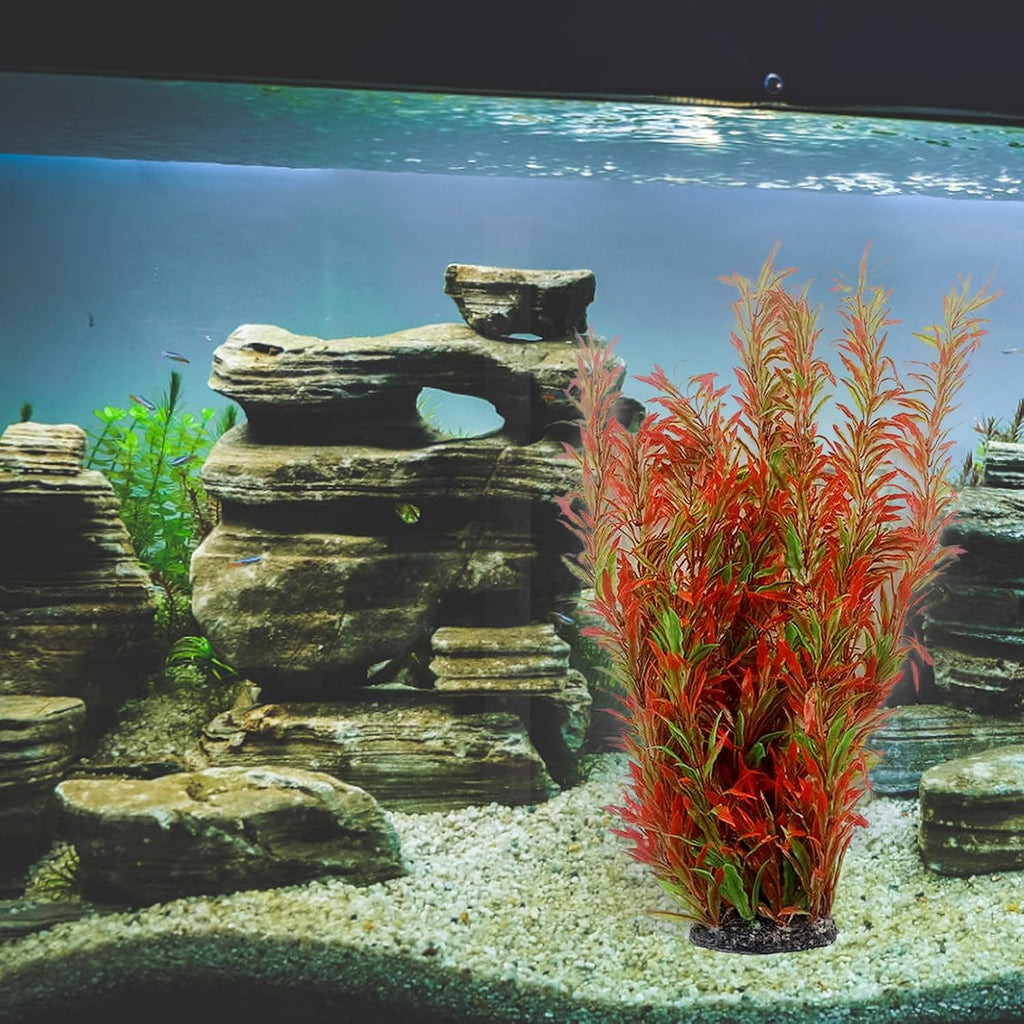 kathson Artificial Aquarium Plant Decorations,23.62 Inches Large Plastic Fish Tank Plants Tall Realistic Aquarium Accessories for Freshwater and Saltwater(Wine and Green,2 Pcs)