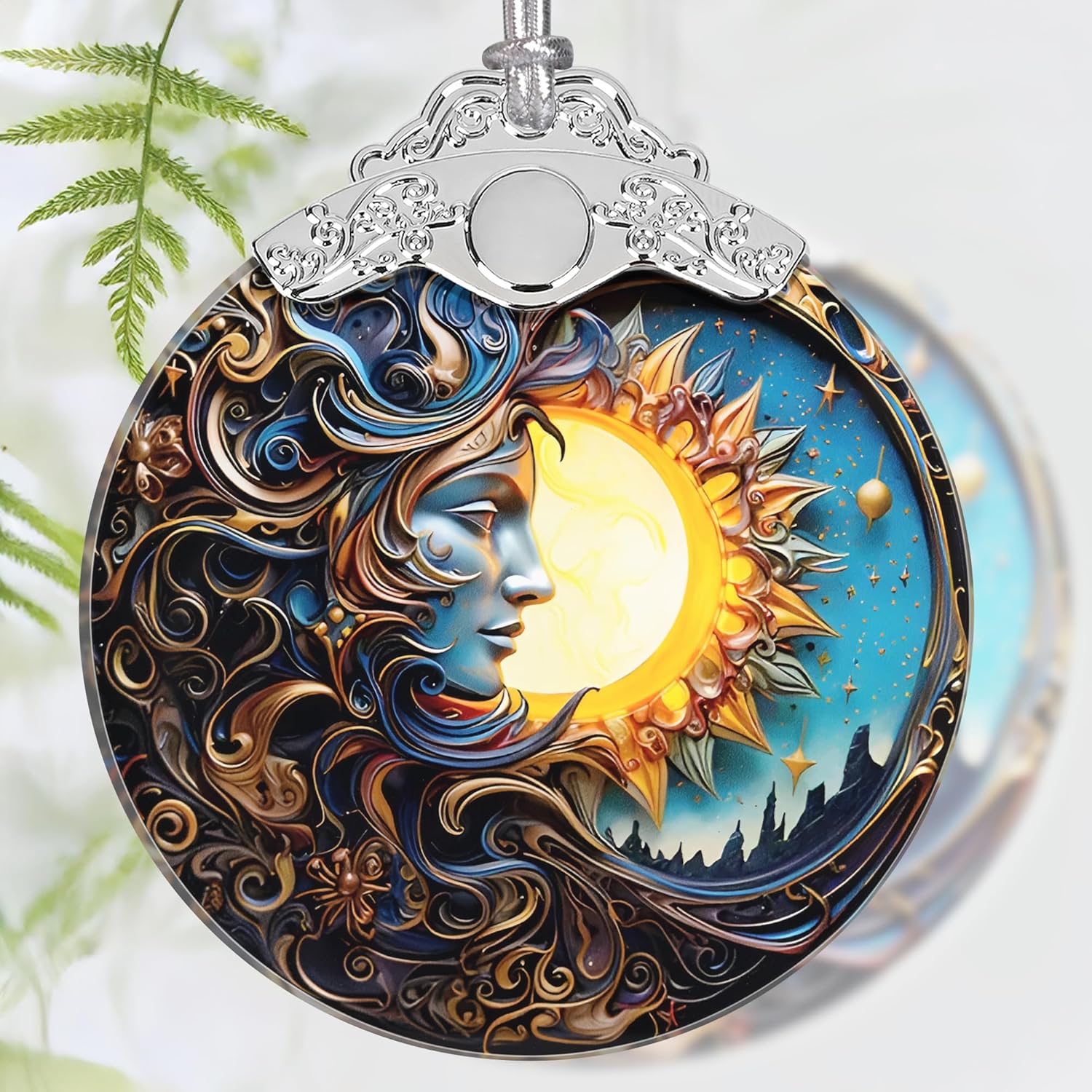 Christmas Ornament, 2025 Ornaments for Christmas Tree, Stained Glass Hanging Ornament, Holiday Ornaments, Unique Gift Idea - Sun and Moon Together
