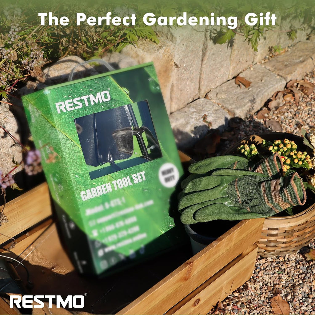 RESTMO 3-in-1 Heavy Duty Gardening Tools Kit, Premium Carbon Steel Garden Tools with Ergonomic Wooden Handle Includes Trowel, Transplanter, and Cultivator, Ideal Gardening Gifts for Women, Gardener