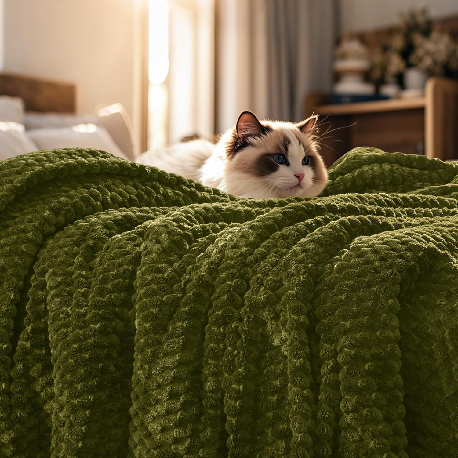 PHF Ultra Soft Flannel Fleece Throw Blanket, Lightweight 3D Jacquard Fleece Blanket, No Shedding, No Pilling, Luxury 340GSM Aesthetic Fluffy Cozy Throws for Couch Room Decor, 50"x60", Olive Green