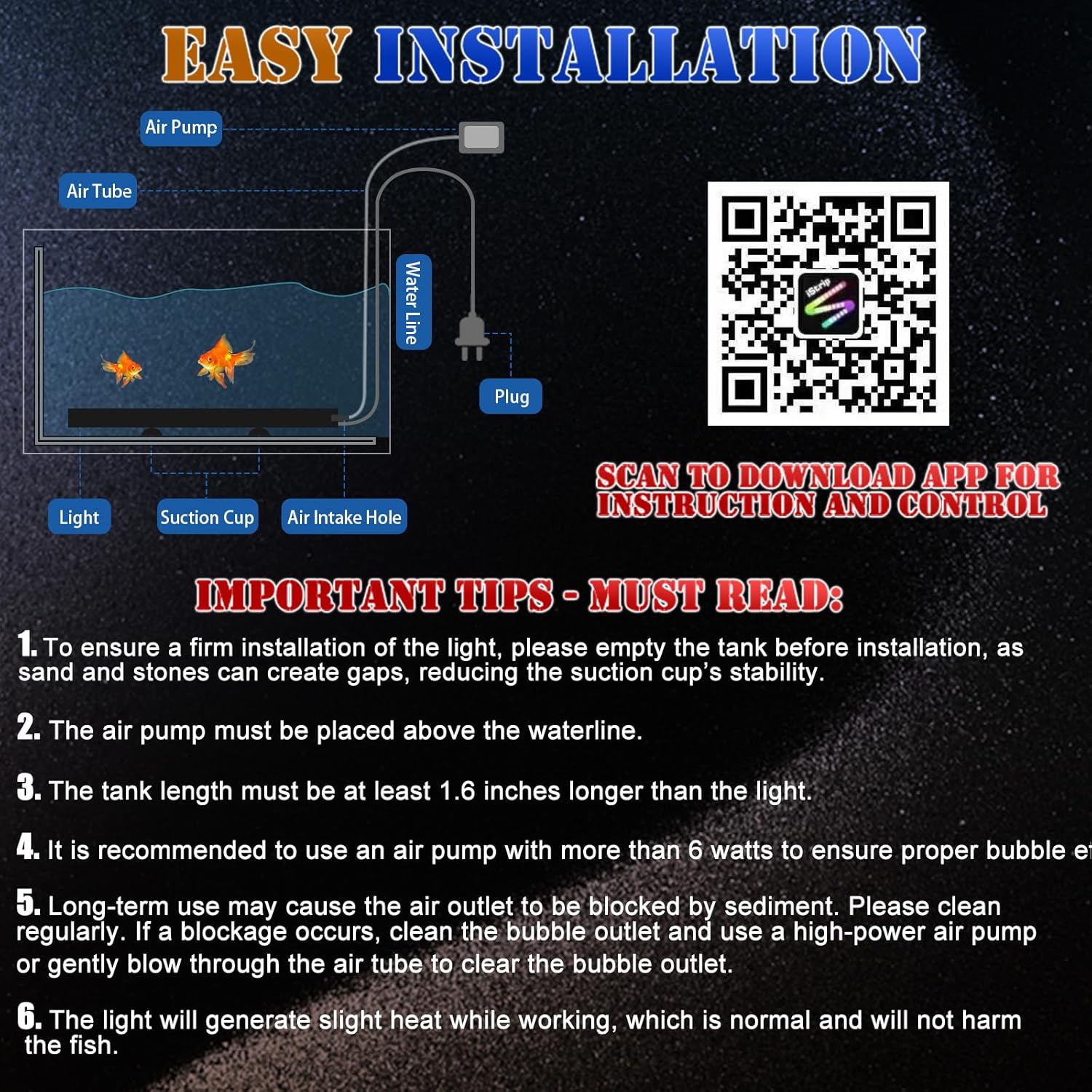 Smart App-Controlled LED Aquarium Light with 16 Million Colors, 12 Dynamic Effects, Fish Tank Light with Nano Air Bubble for Aquarium Bubbler Decorations, Submersible Fish Tank Accessories - 19''