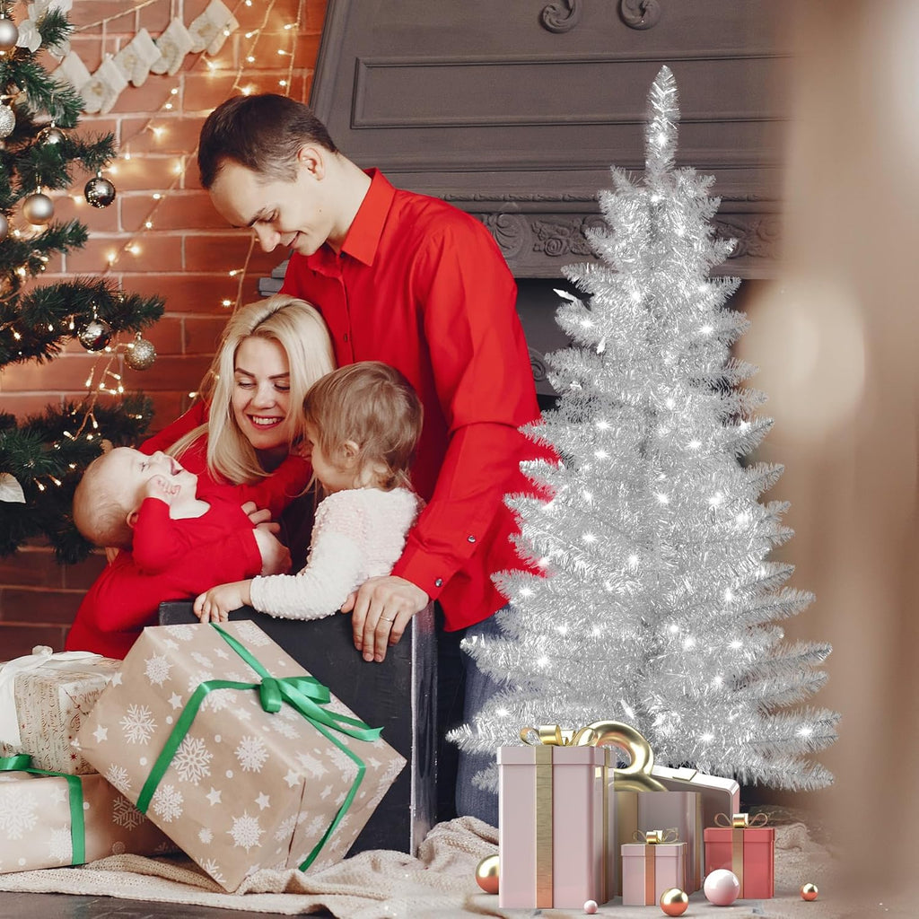 4ft Artificial Full Silver Christmas Tree with Separate Lights, Not Pre-lit Mini Silver Tinsel Pine Christmas Tree, 50 Lights, Small Xmas Tree for Home, Office, Party Decoration, Indoor