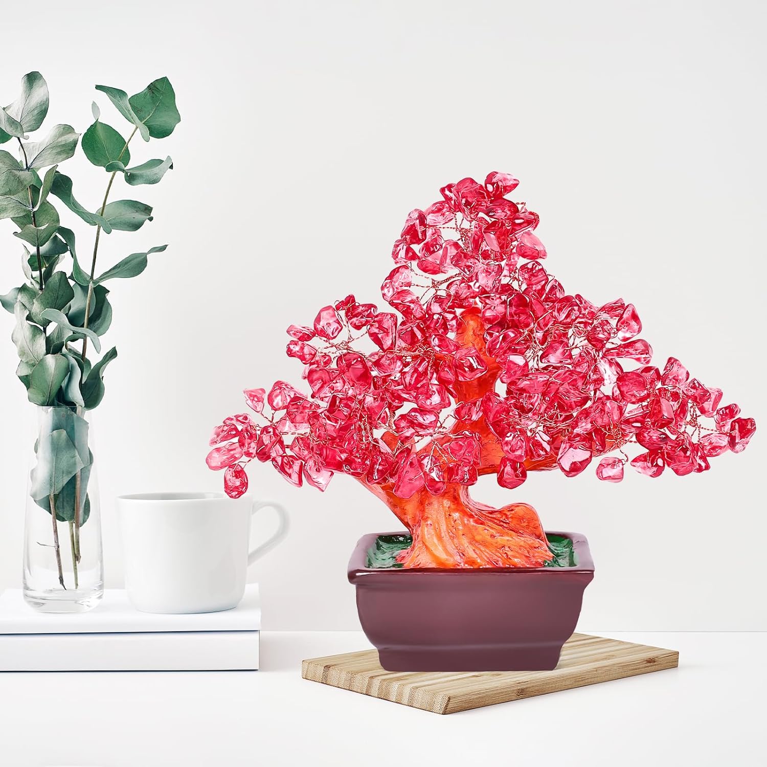 Feng Shui Quartz Crystal Money Tree Bonsai Style Decoration for Luck and Wealth (Red)