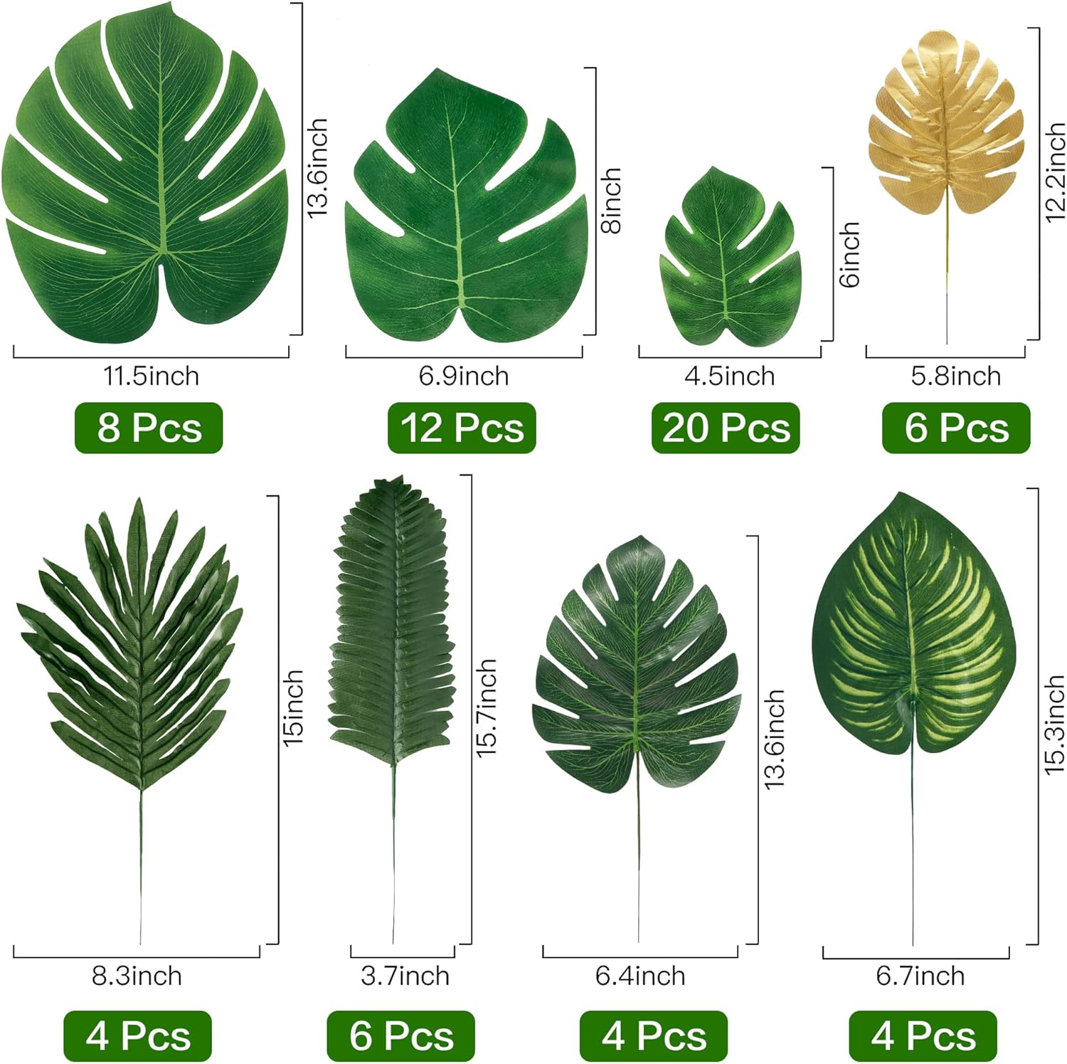 Sggvecsy 64 Pieces 8 Kinds Artificial Tropical Palm Leaves Tropical Leaves Monstera Leaves Safari Jungle Leaf with Stems for Hawaiian Luau Party Beach Table Wedding Shower Birthday Theme Decorations