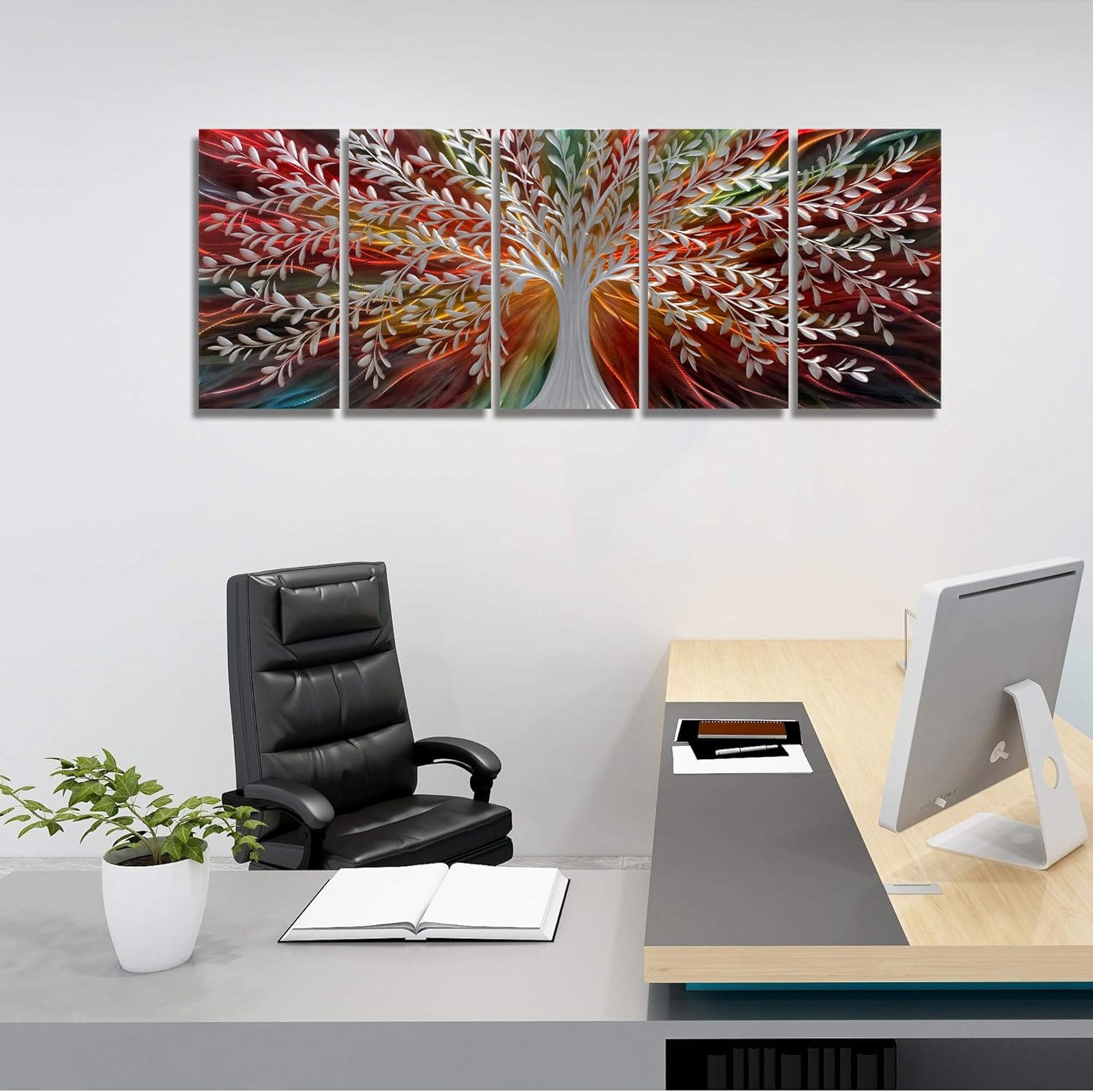 BATRENDY ARTS Silver Willow Metal Tree Wall Art for Livingroom Modern Abstract Colorful Artwork Brown and Red Landscape Home Decor Multi-panels 3D