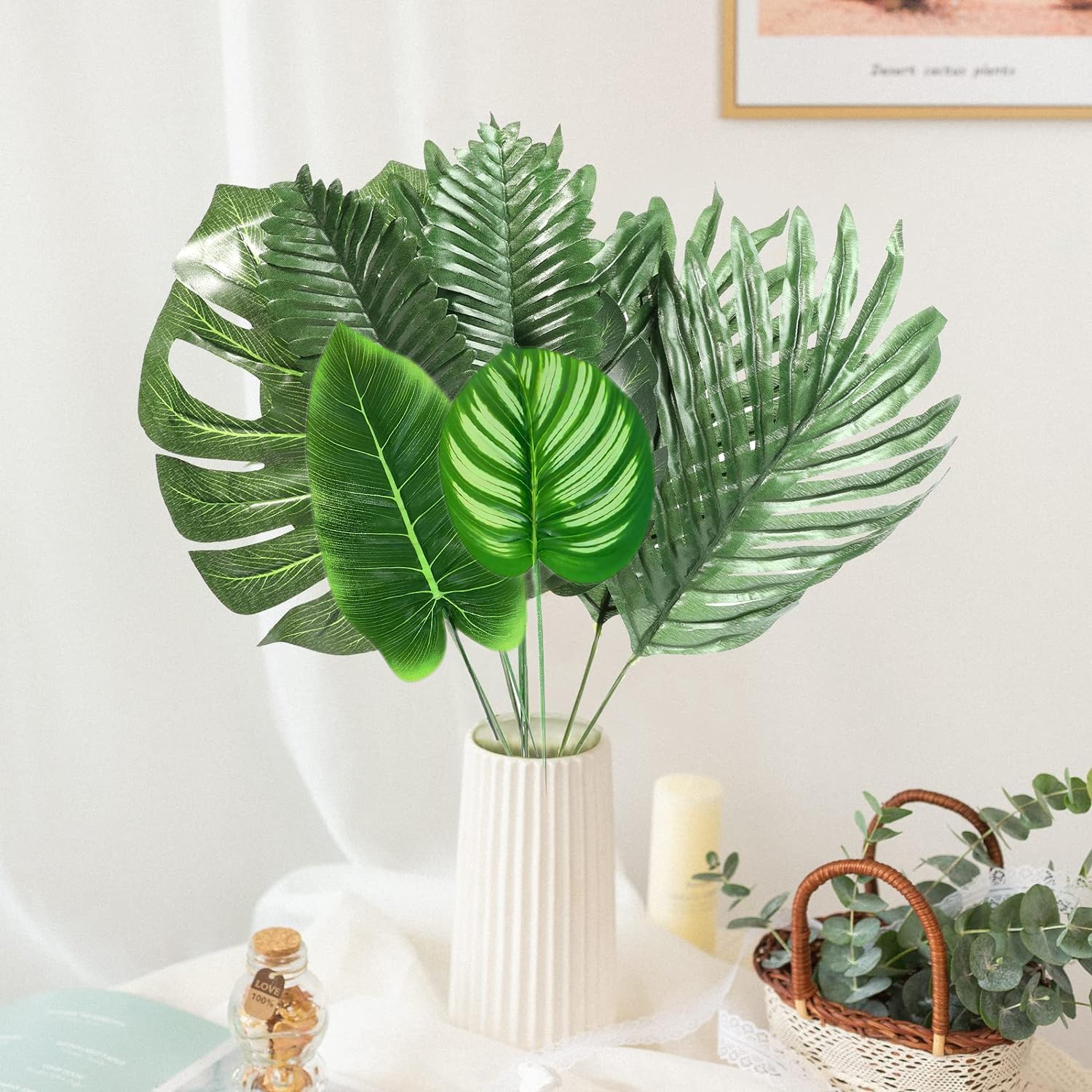 106Pieces 10 Kinds Artificial Palm Leaves Tropical Leaves with Stems Jungle Leaves Decorations for Hawaiian Luau Party Beach Baby Shower Wedding Birthday