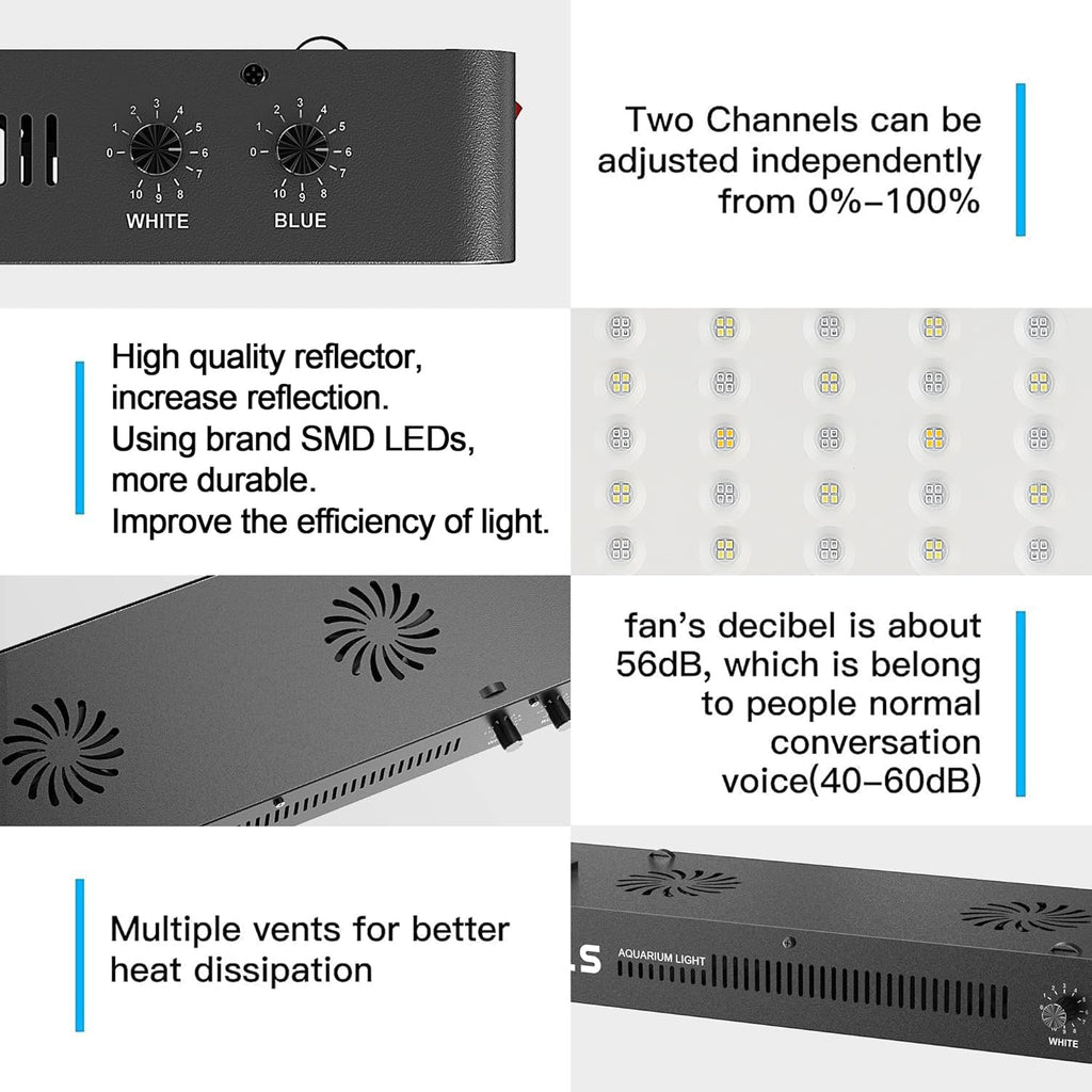 WILLS Full Spectrum Aquarium Light, Reef Lights for Coral with Dual Dimmable Channels, 105 Premium SMD Chips, Daisy Chain Design, Hanging Saltwater Fish Tank Light for SPS/LPS Coral Reef (300W/Black)