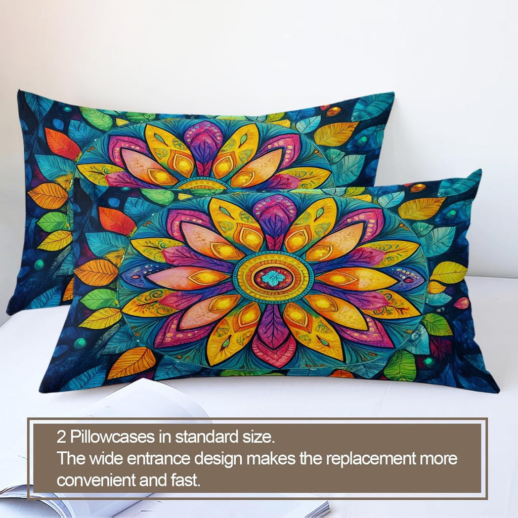 Colorful Flower Duvet Cover King Size, Bohemian Floral Bedding Set 3 Piece Bedroom Decor Luxury Mandala Comforter Cover and 2 Pillow Sham with Zipper Closure