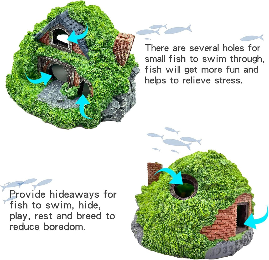 Tfwadmx Fish Tank Hobbit Decorations,Resin Small Fish Cave Hideout House,Aquarium Decor Hide Hole Shelter Hut Ornaments Mini Garden Decorating Accessories