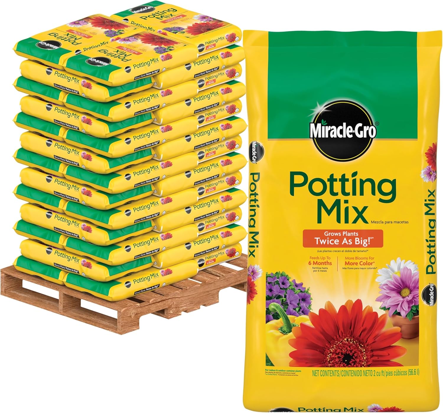 Miracle-GRO Potting Mix Bulk Pallet, for Container Plants, Flowers, Vegetables, Shrubs, Annuals, Perennials, 2 cu. ft. Bags, Pallet of 39