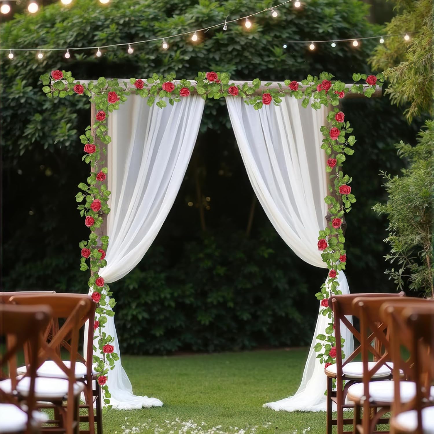 Artificial Roses Vines Flowers Garland Hanging Silk Rose Vine Floral Garland Red UV Resistant Realistic Faux Hanging Flowers Plants Fake Ivy Vines for Outdoor Porch Outside Decor Patio Yard