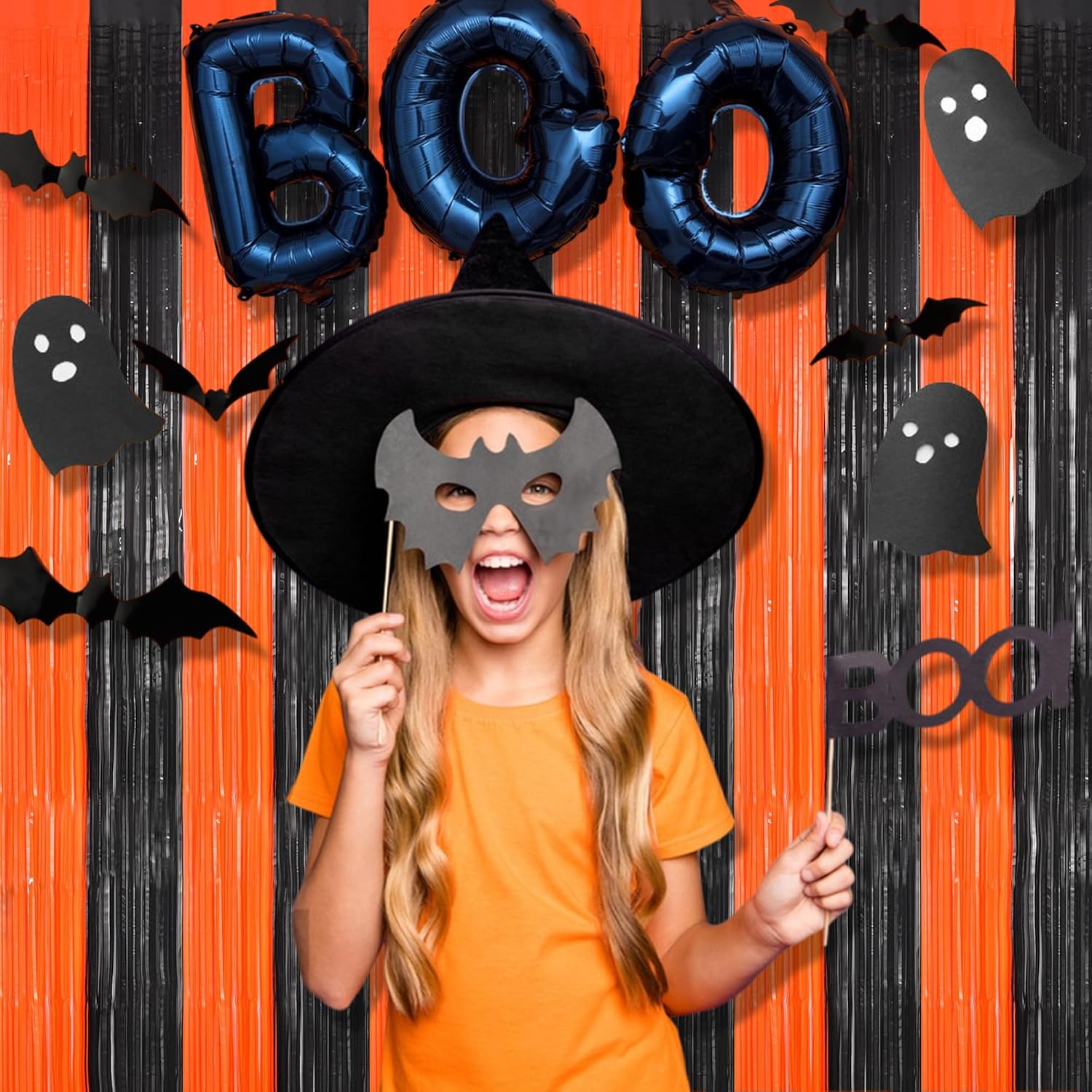 BRAVESHINE Tinsel Photo Backdrop Curtains - 2 Pack 3.2x8.2ft Black Orange Foil Fringe Streamer Curtain for Birthdays/Sports/Basketball/Pumpkins/Home/Office/Indoor/Outdoor Party Decorations