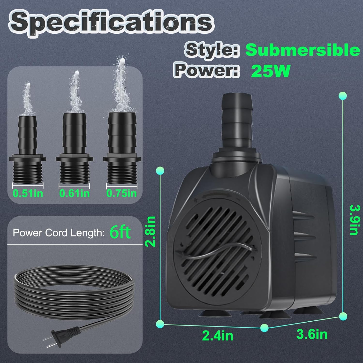Submersible Pump 400GPH (1500L 25W) Ultra Quiet with Over Heating Protection 6.5ft High Lift for Fountains, Hydroponics, Ponds, Aquariums & More…