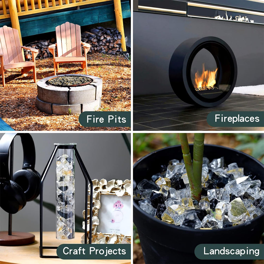 Onlyfire 10 Pounds Blended Reflective Fire Glass for Fire Pit Fireplace and Landscaping, 1/4 Inch Mixed Colored High Luster Fireglass Rocks for Outdoor and Indoor Use - Onyx Black+Platinum+Gold