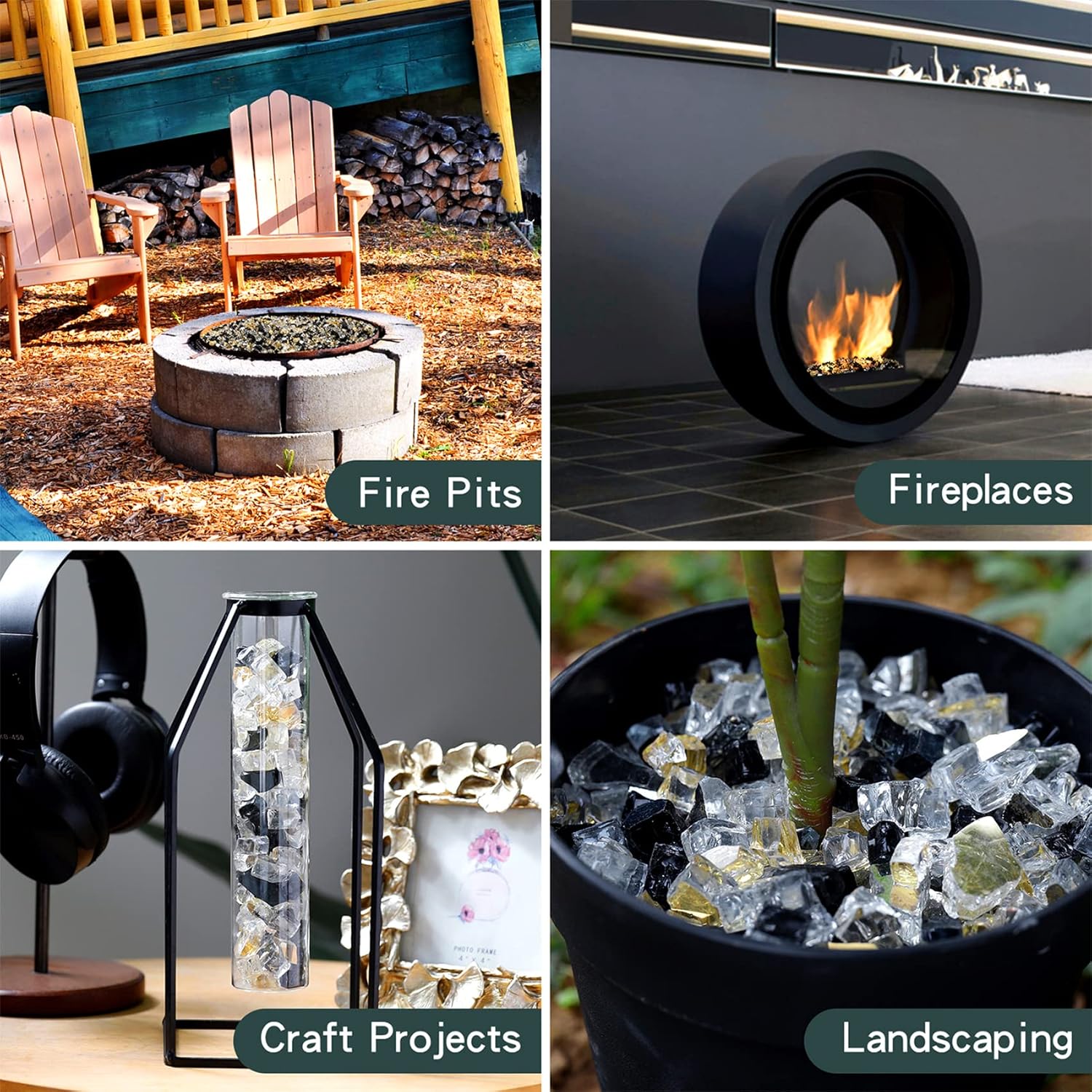 Onlyfire 10 Pounds Blended Reflective Fire Glass for Fire Pit Fireplace and Landscaping, 1/2 Inch Mixed Colored High Luster Fireglass Rocks for Outdoor and Indoor Use - Onyx Black+Platinum+Gold
