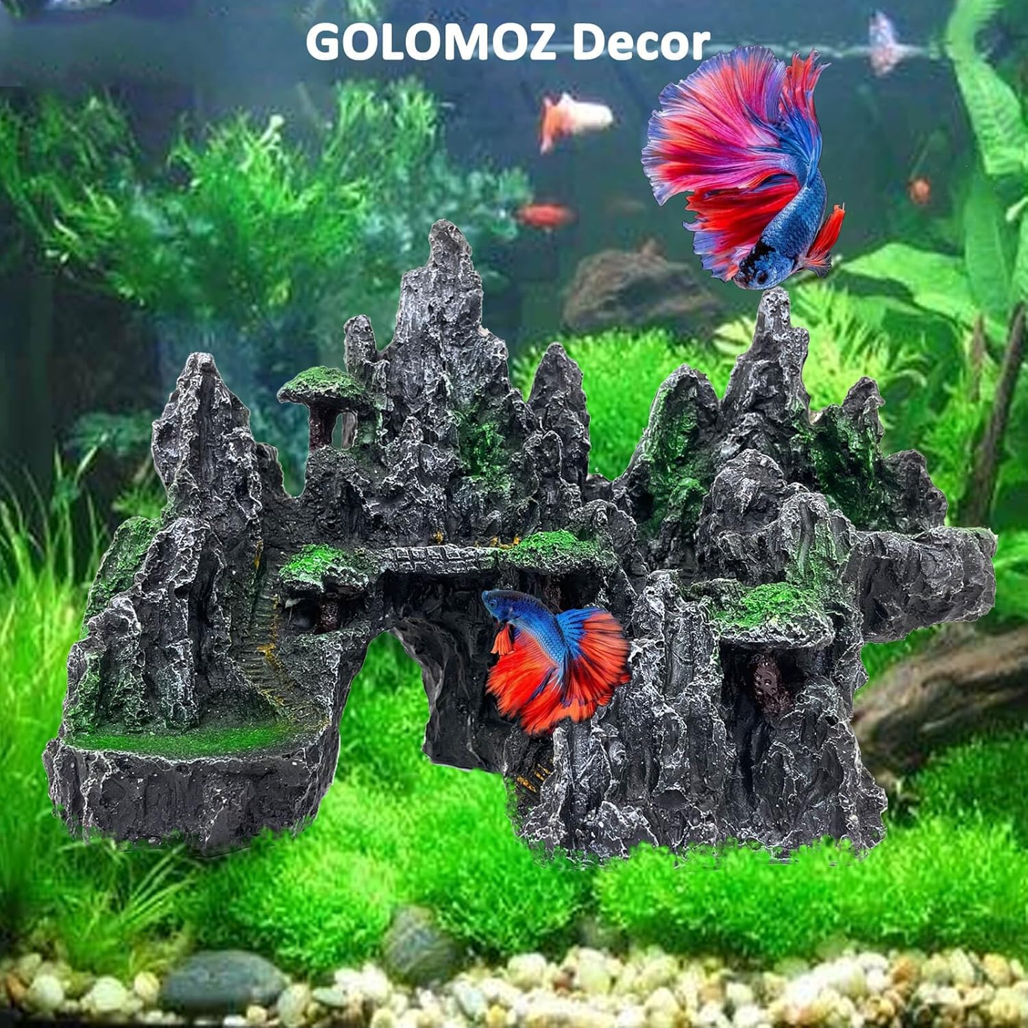 Fish Tank Mountain Decoration,Aquarium Accessories - Aquarium Decor for Betta N Goldfish Hideouts Cave Hide Ornament for 10-50 Gal,Aquarium Mountain Landscape shelter for Hide N Play(10.4" L)