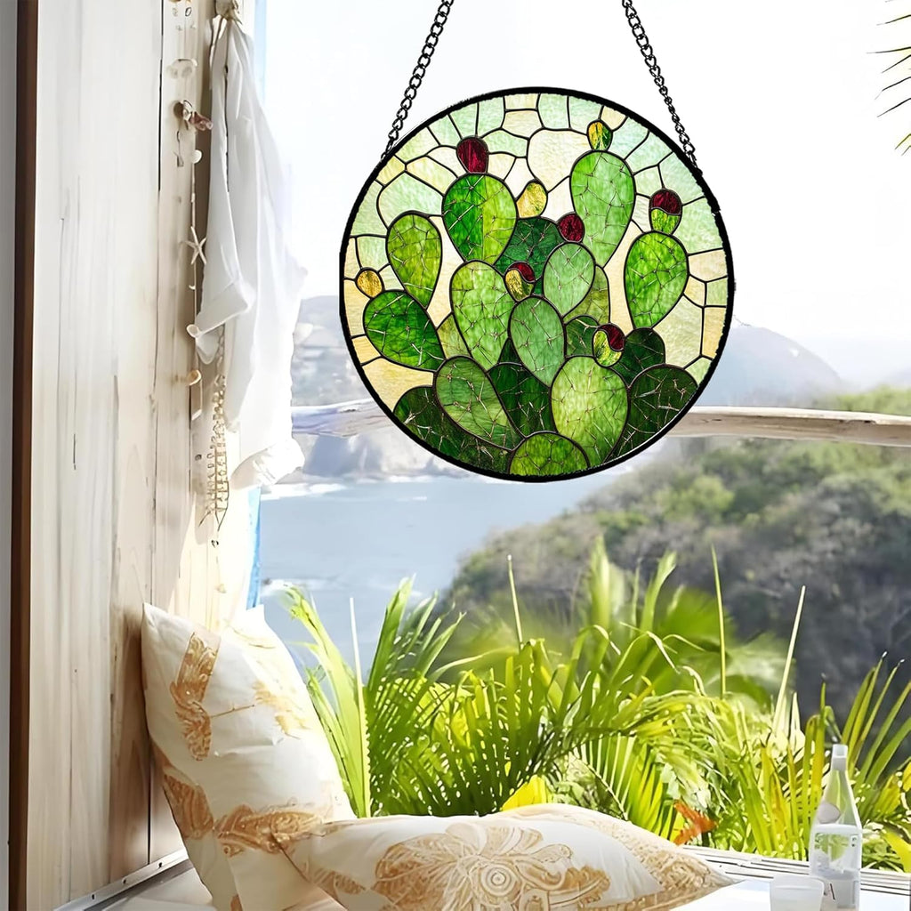 Stained Glass Window Hanging - Green Plants Cactus Suncatcher for Doors Garden Patio Sun Catchers Decor Christmas Mother's Day Birthday Gifts for Women Men Mom Nana Friend Wife 15 in