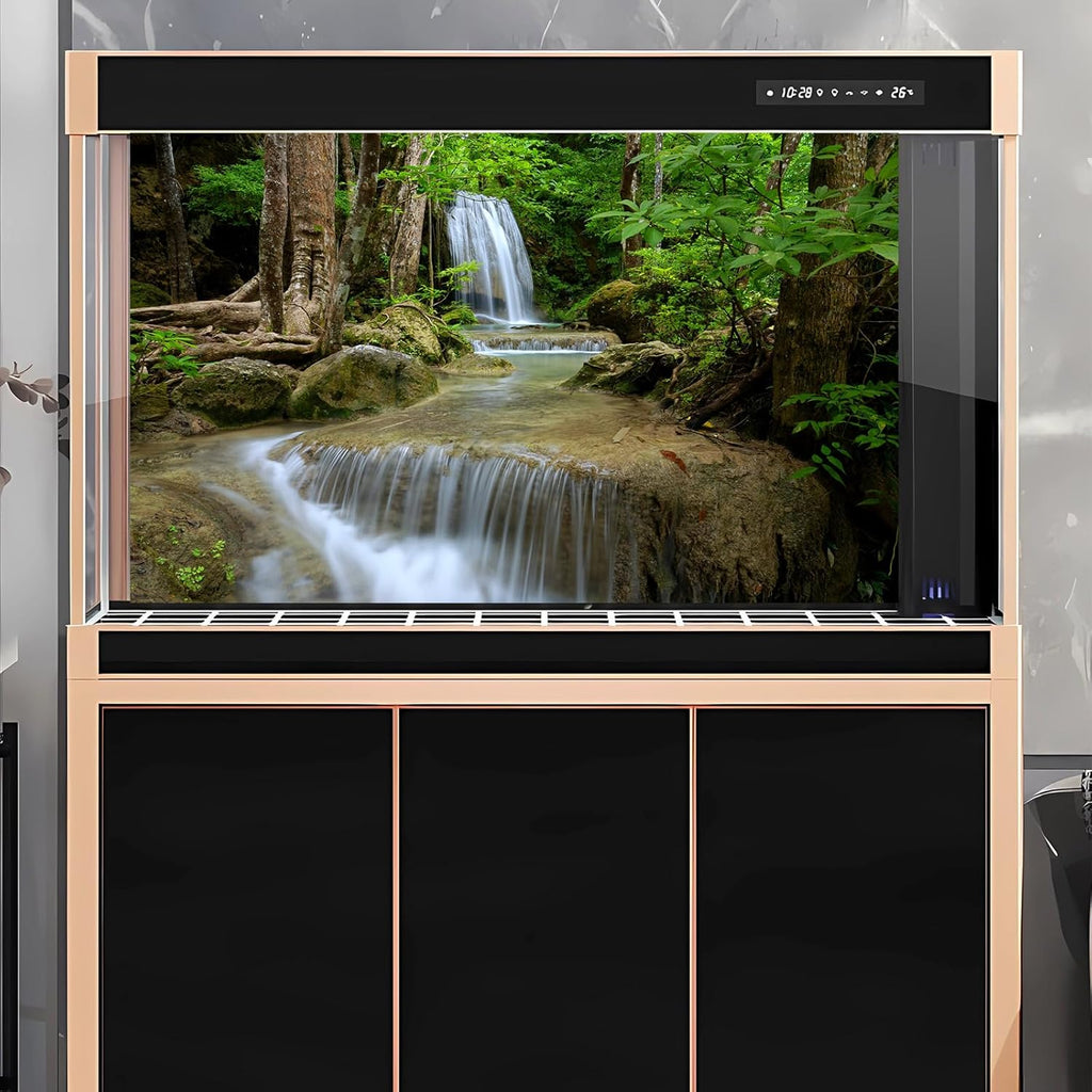 Waterfall Aquarium Background Natural Jungle Rainforest Landscape Terrarium Background Jungle Waterfall Style Stream Fish Tank Background Falls Forest Rocks Reptile Background Vinyl 60x24in