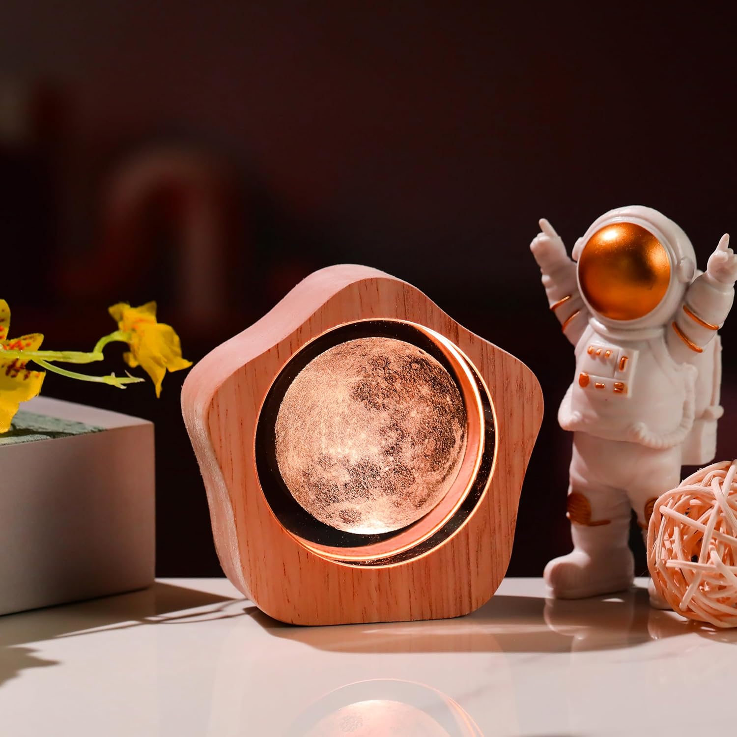 3D Moon Crystal Ball with LED Colorful Lighting Touch Base, Moon Decor Science Astronomy Gifts God Bless The World Easter Religious Space Gifts Decor