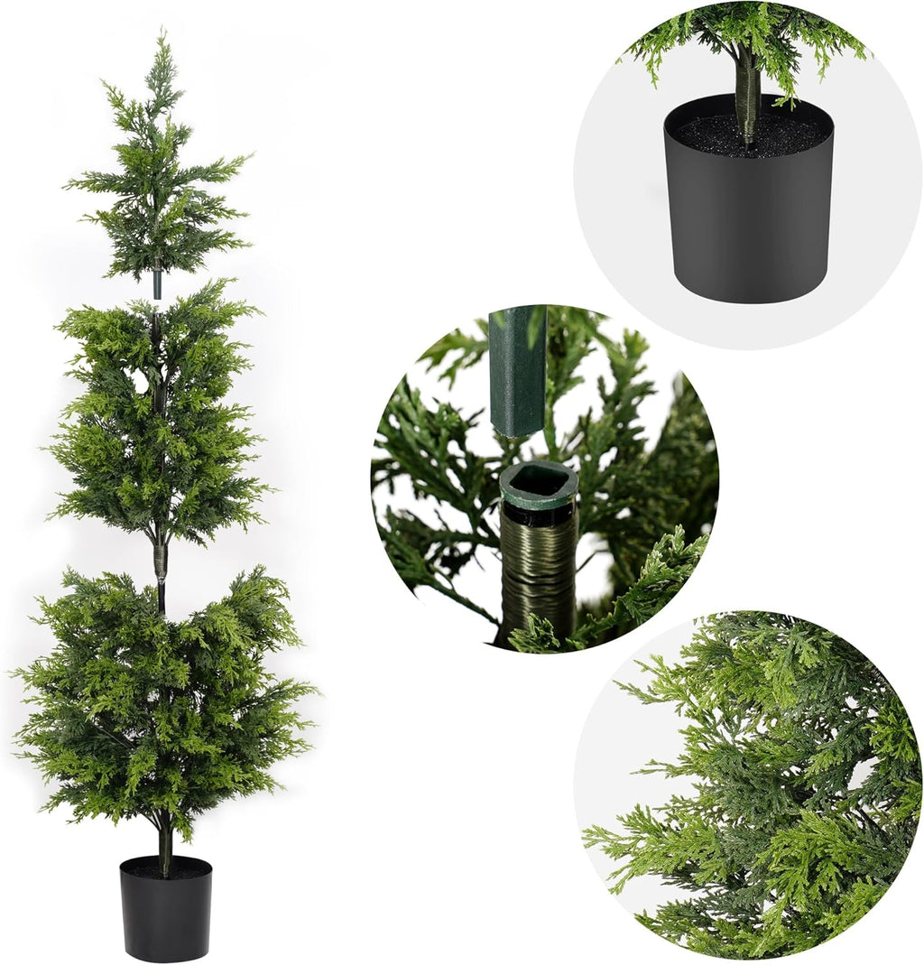60" Artificial Cedar Topiary Tree One Set, 5FT SEVENLOVE Potted Cedar Tree Topiary Artificial Plant Shrub for Front Porch Home Office Decor (1, 5)