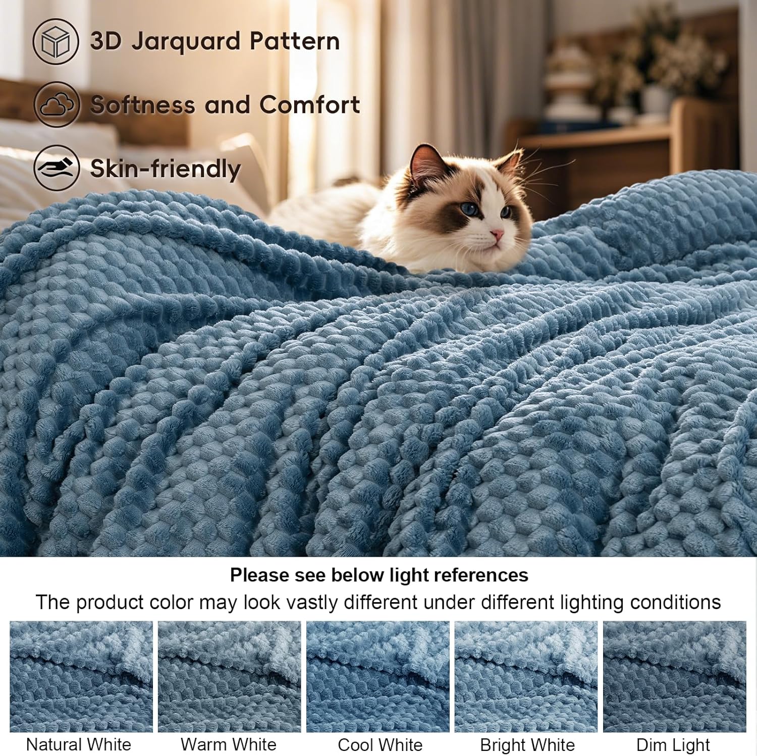 PHF Ultra Soft Flannel Fleece Blanket Queen Size, Lightweight 3D Jacquard Fleece Blanket, No Shedding, No Pilling, Luxury 340GSM Aesthetic Fluffy Cozy for Bed Room Decor, 90"x90", Denim Blue