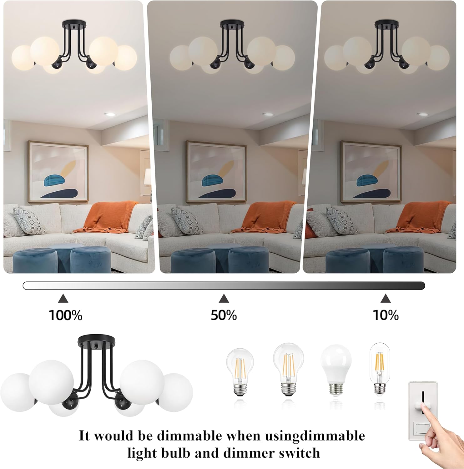 KoKo&Yukina 6-Light Modern Semi Flush Mount Ceiling Light Fixture Mid Century Ceilings Lights Globe Ceiling with Milk Glass Shade Matte Black Finish for Bedroom Hallway Dining Room Living Room