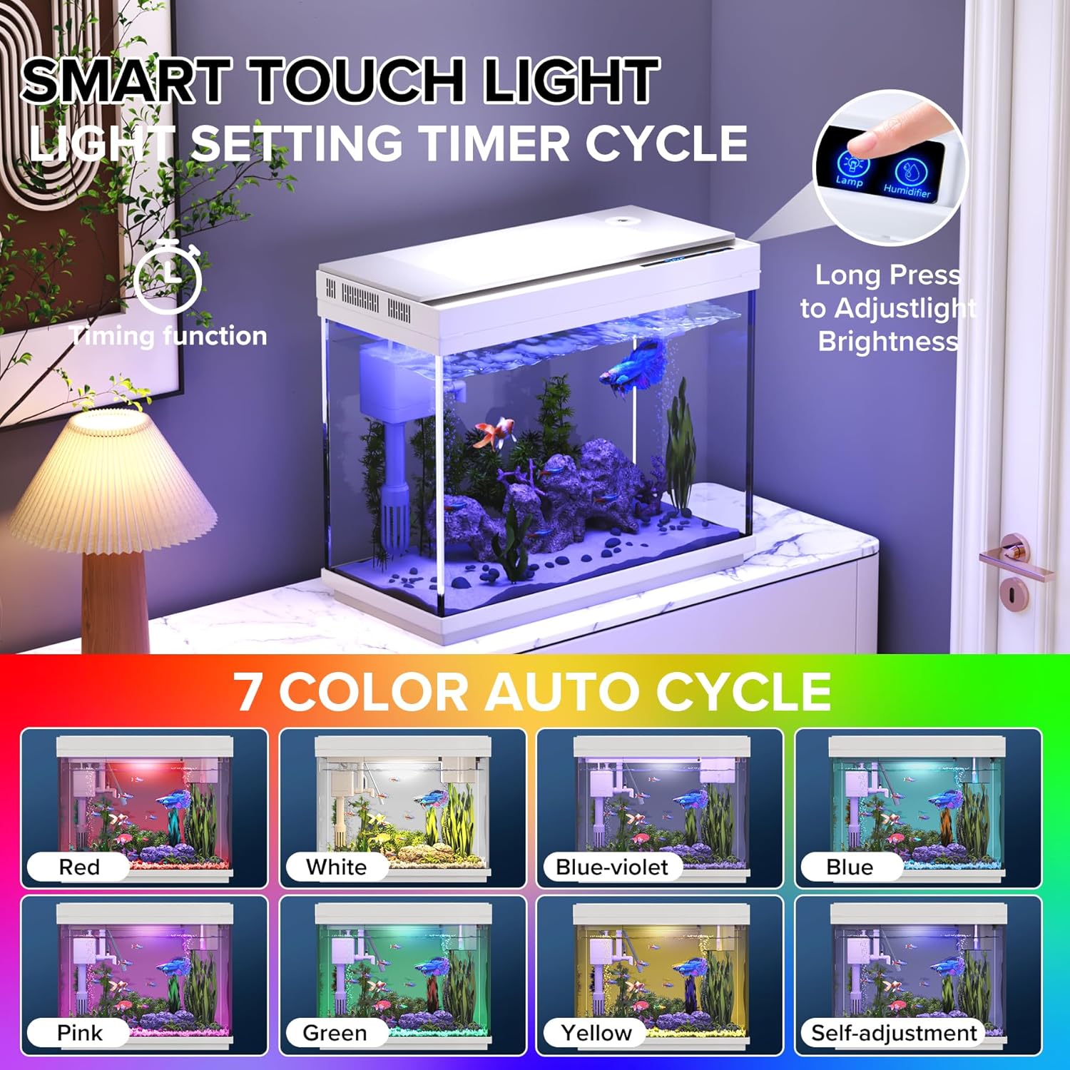 Fish Tank 2.4 Gallon Aquarium Kit with Humidifier 7-Color Auto-Looping 3 in 1 Quiet Pump with Filteration & Oxygenation & Circulation, Temperature Display, HD Glass