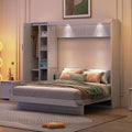 Merax Queen Size Murphy Bed Wall Bed with Shelves, Drawers and LED Lights,White