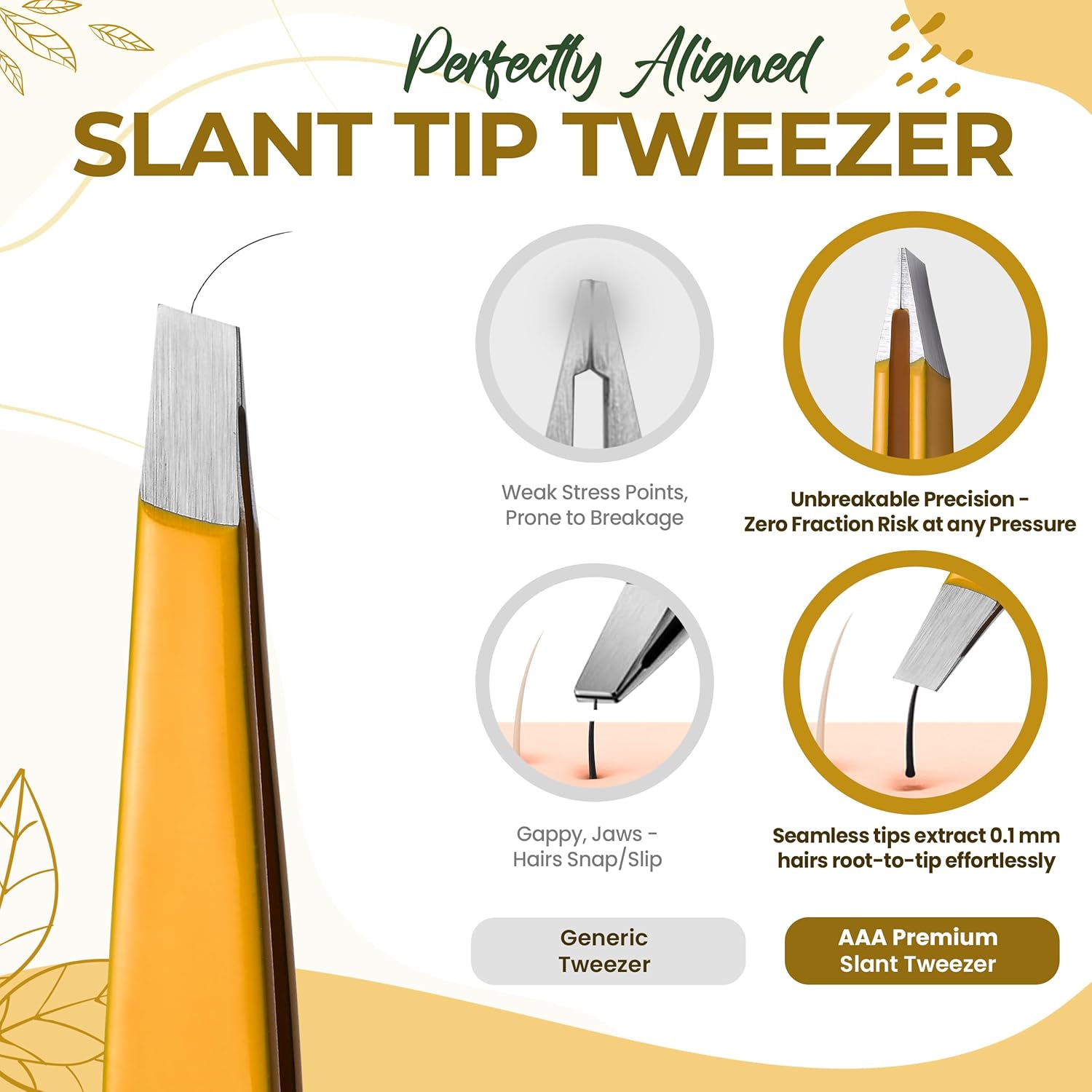 Professional Slant Tip Eyebrow Tweezers for Women & Men – Precision Hair Removal Tool – Stainless Steel Tweezers for Eyebrow Shaping, Facial Hair, Ingrown Hair & Splinter Removal (Golden Glow)