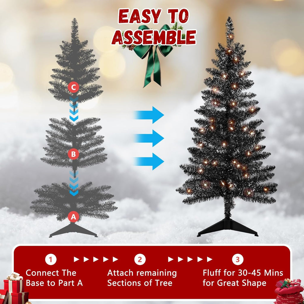 4ft Artificial Full Black Christmas Tree with Separate Lights, Not Pre-lit Mini Black Tinsel Pine Christmas Tree, 50 Lights, Small Xmas Tree for Home, Office, Party Decoration, Indoor