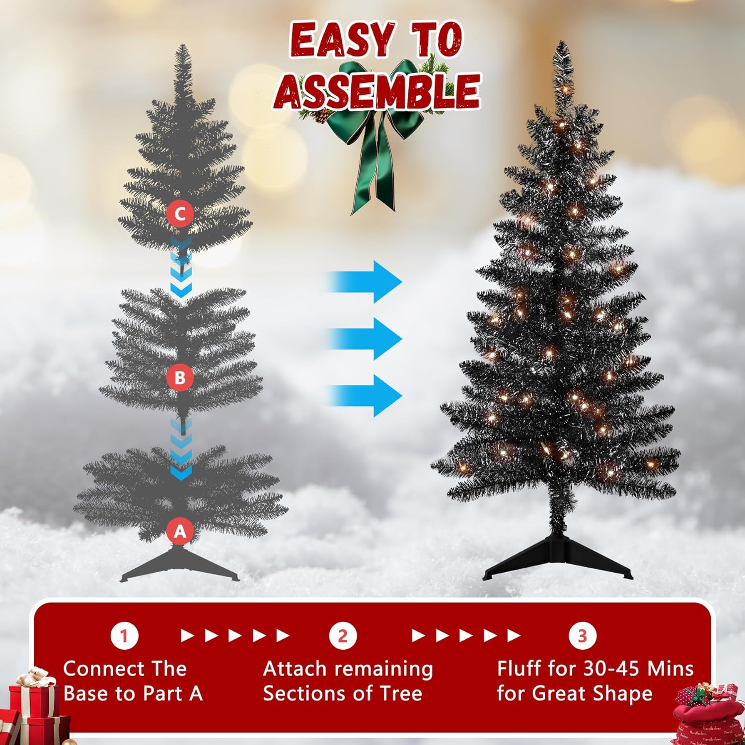 4ft Artificial Full Black Christmas Tree with Separate Lights, Not Pre-lit Mini Black Tinsel Pine Christmas Tree, 50 Lights, Small Xmas Tree for Home, Office, Party Decoration, Indoor