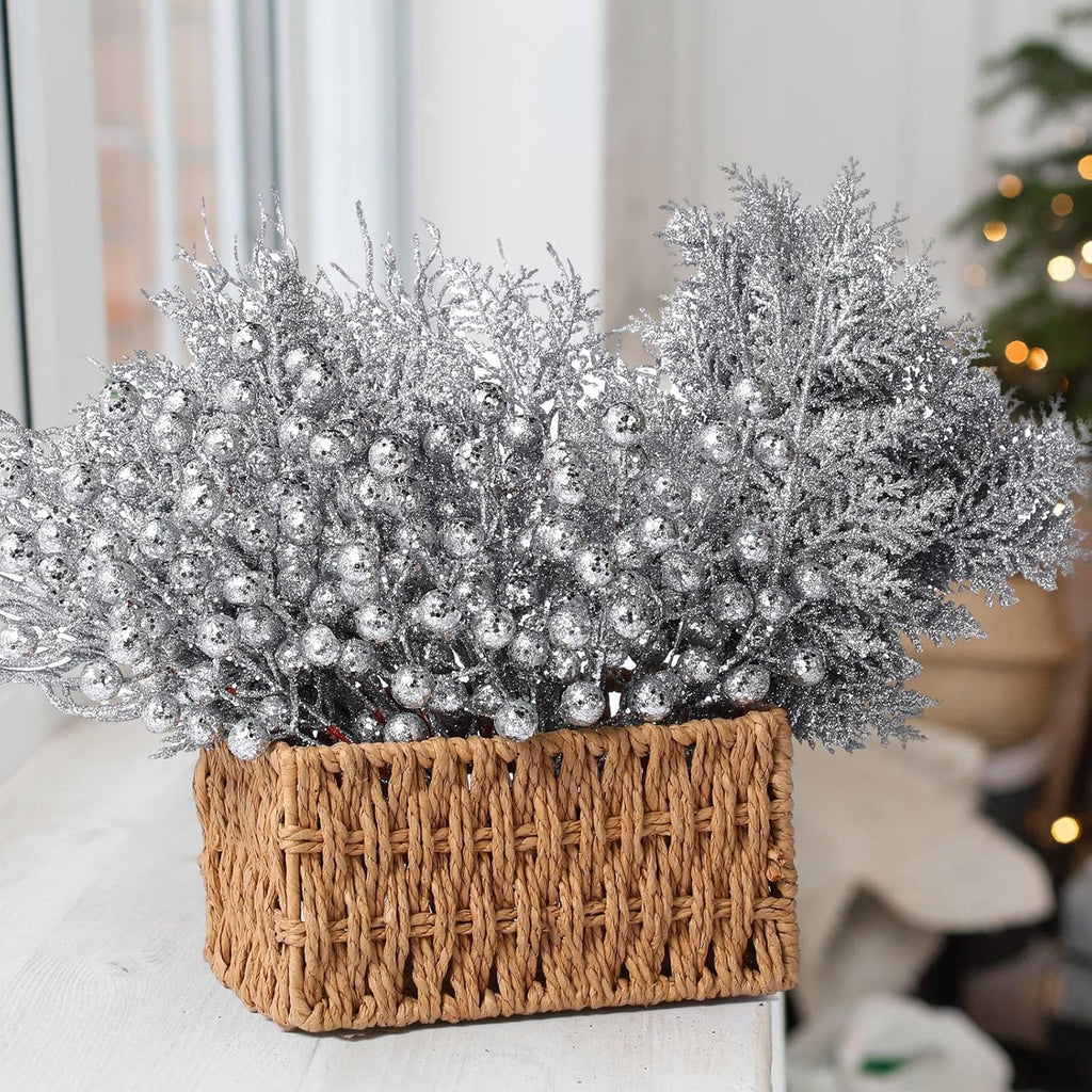 75 Pcs Christmas Glitter Branches 3 Styles Artificial Christmas Picks Berries Stems Pine Needles Floral Twig Spray for Xmas Tree Ornaments DIY Wreath Garland(Silver)