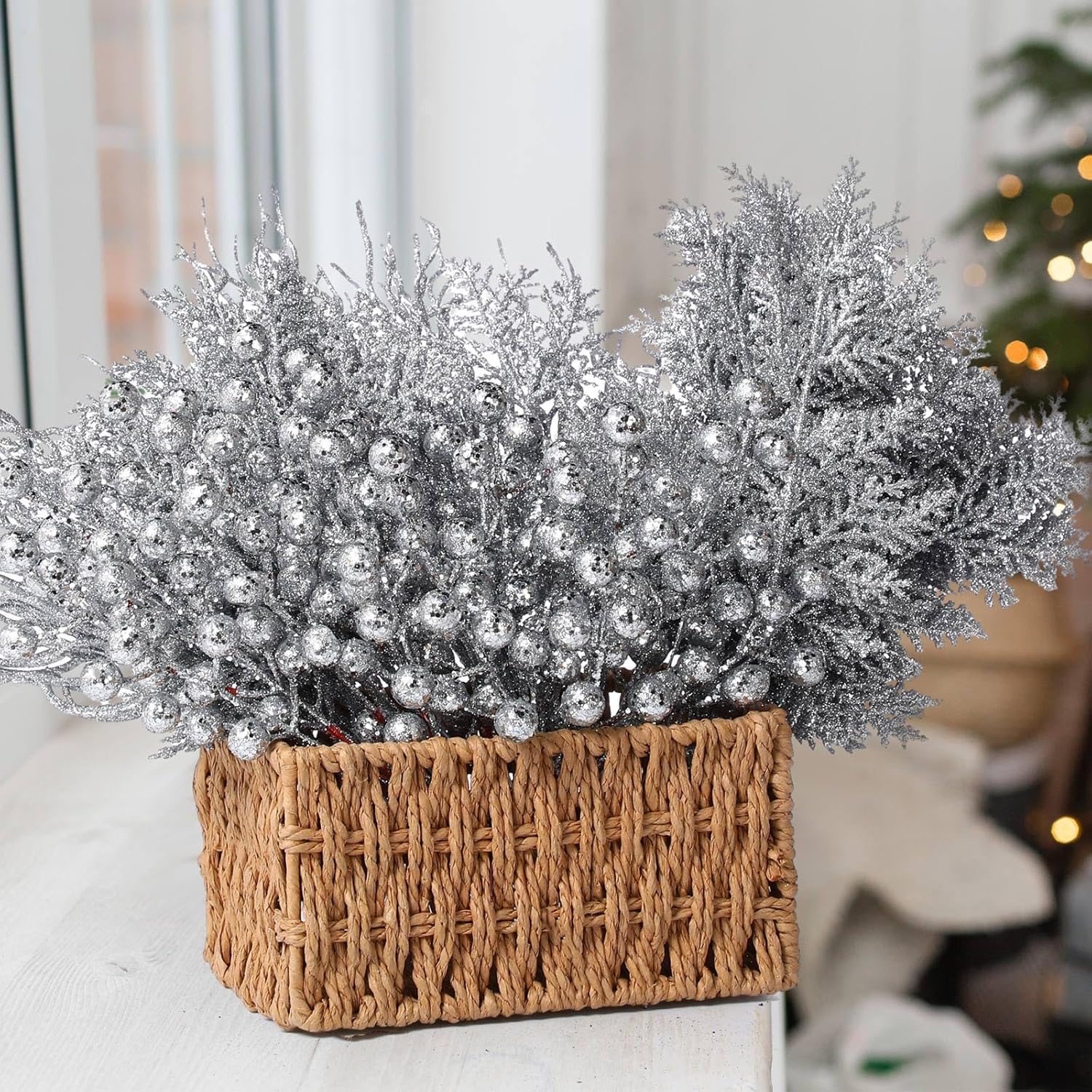 75 Pcs Christmas Glitter Branches 3 Styles Artificial Christmas Picks Berries Stems Pine Needles Floral Twig Spray for Xmas Tree Ornaments DIY Wreath Garland(Silver)
