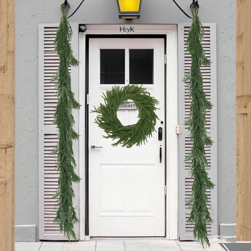 6FT Artificial Norfolk Pine Garlands for Christmas Decorations,Real Touch 2 PCS Winter Faux Greenery Garlands for Mantel Table Stair Fireplace Wall Holiday Indoor Outdoor Decor